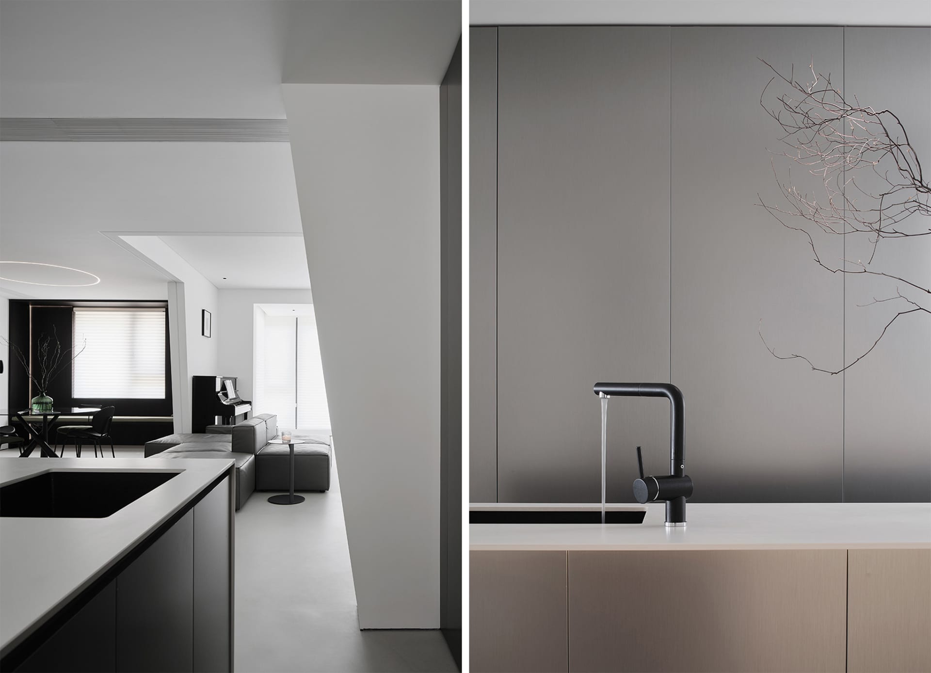 Modern minimalist kitchen featuring concrete countertops and minimalist design elements.