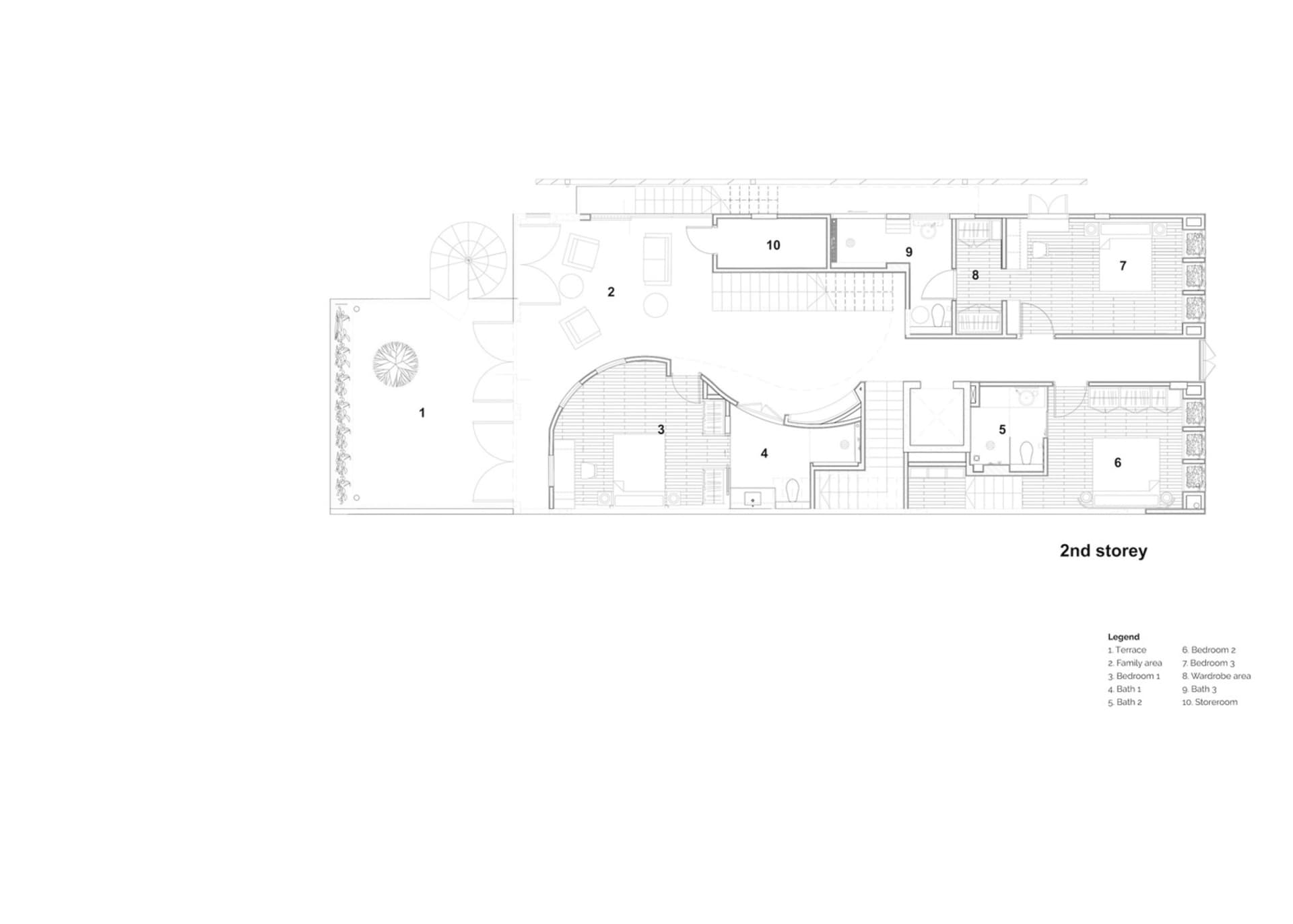 Second floor layout of a modern residential building with bedrooms, bathrooms, and a storage room.