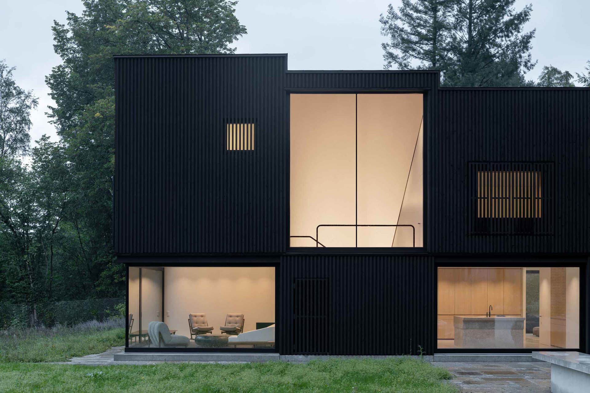 Modern house with black wooden cladding and large windows