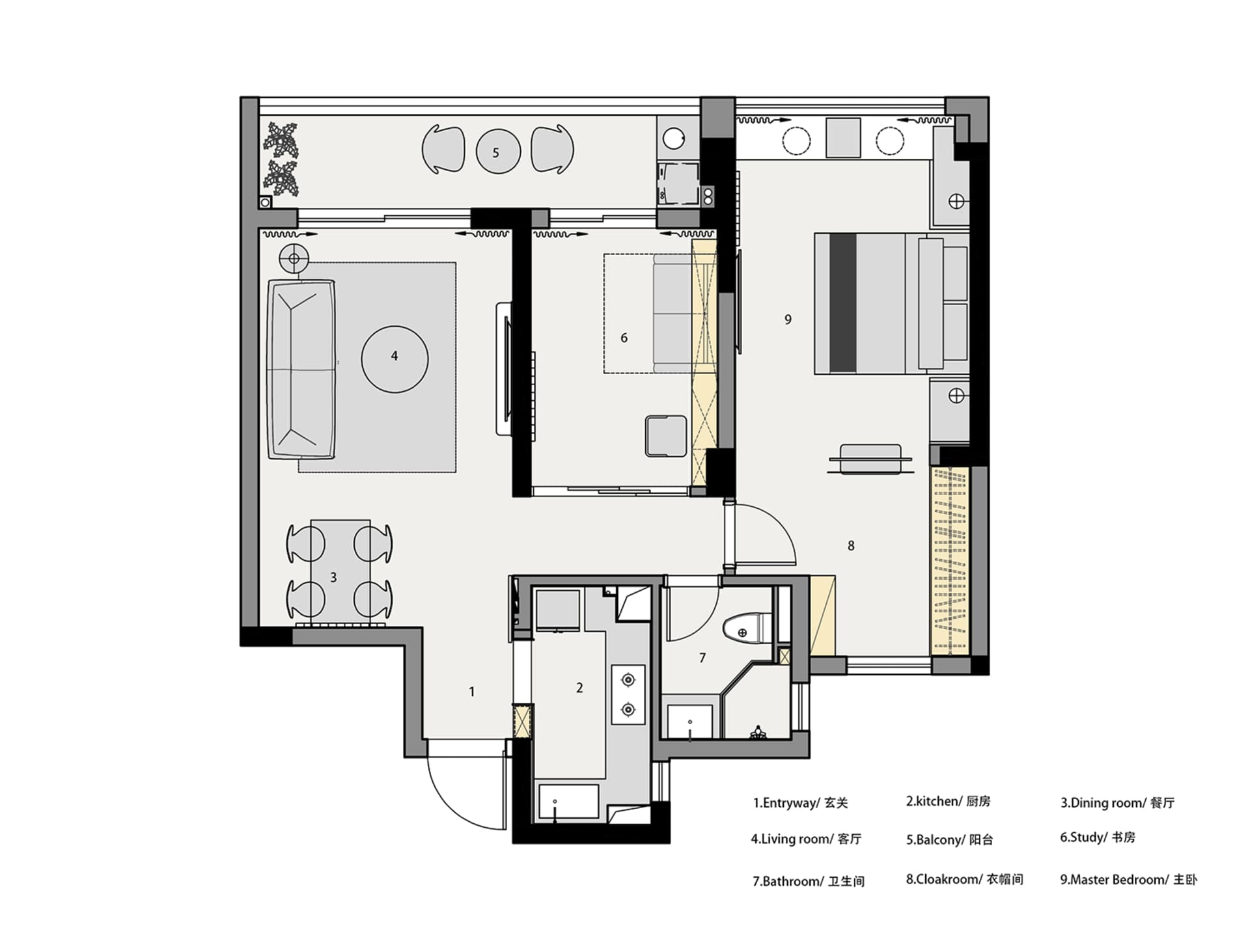 2-dimensional architectural drawing of a modern apartment layout