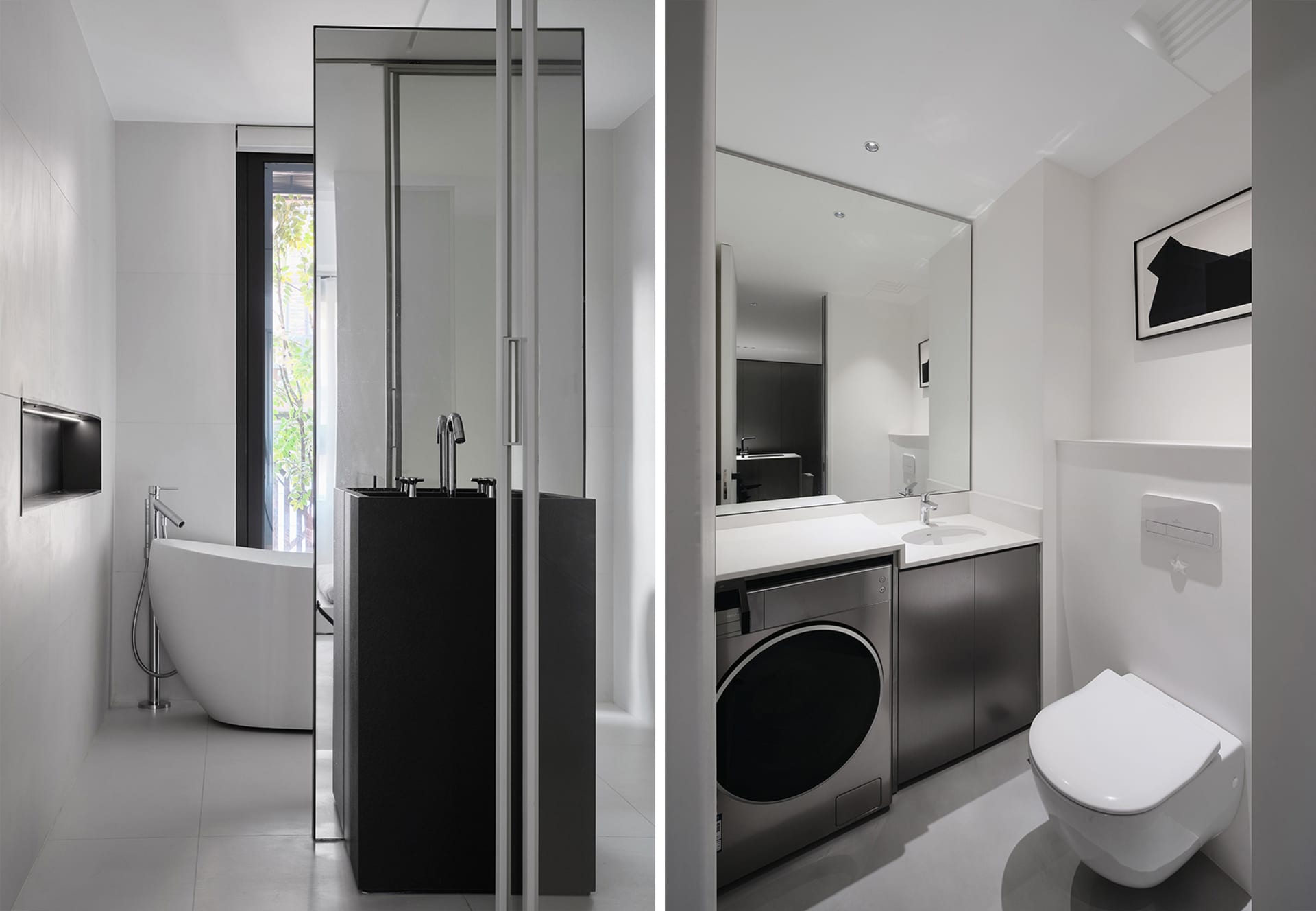 Modern bathroom suite featuring glass enclosure and metallic fixtures.