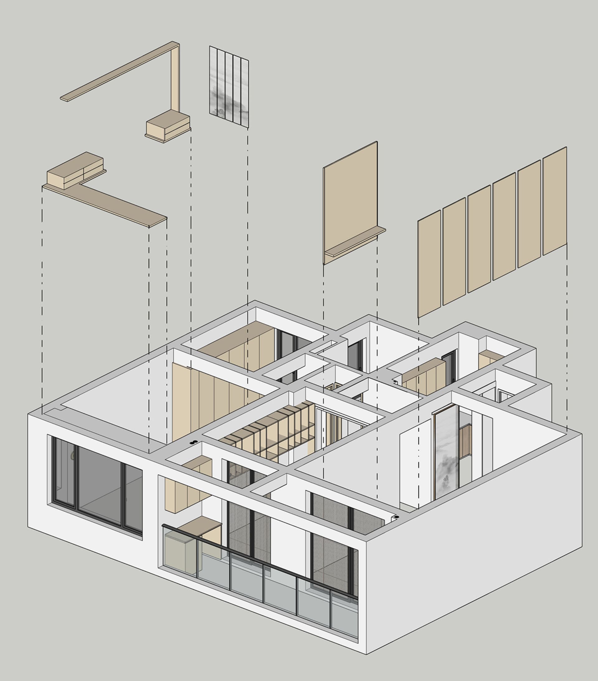 現代室內設計的2D技術圖,呈現混凝土牆面與地板。