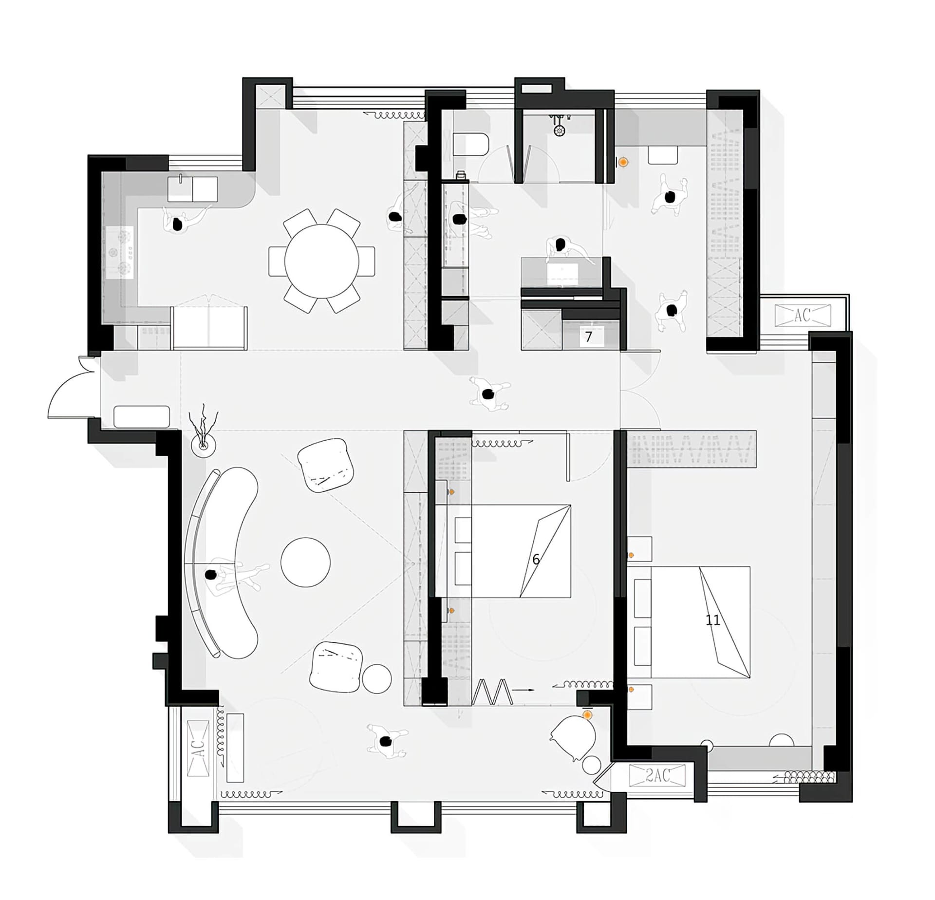 Floor plan of a modern home featuring an integrated open space layout with kitchen, dining, and living areas.