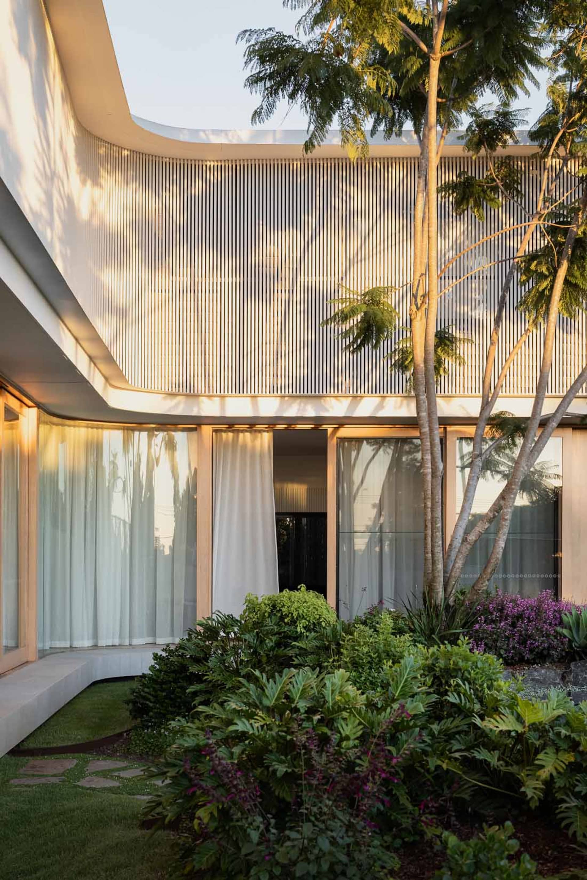 A modern house with a wooden panel exterior and a garden with lush green plants and a tree.