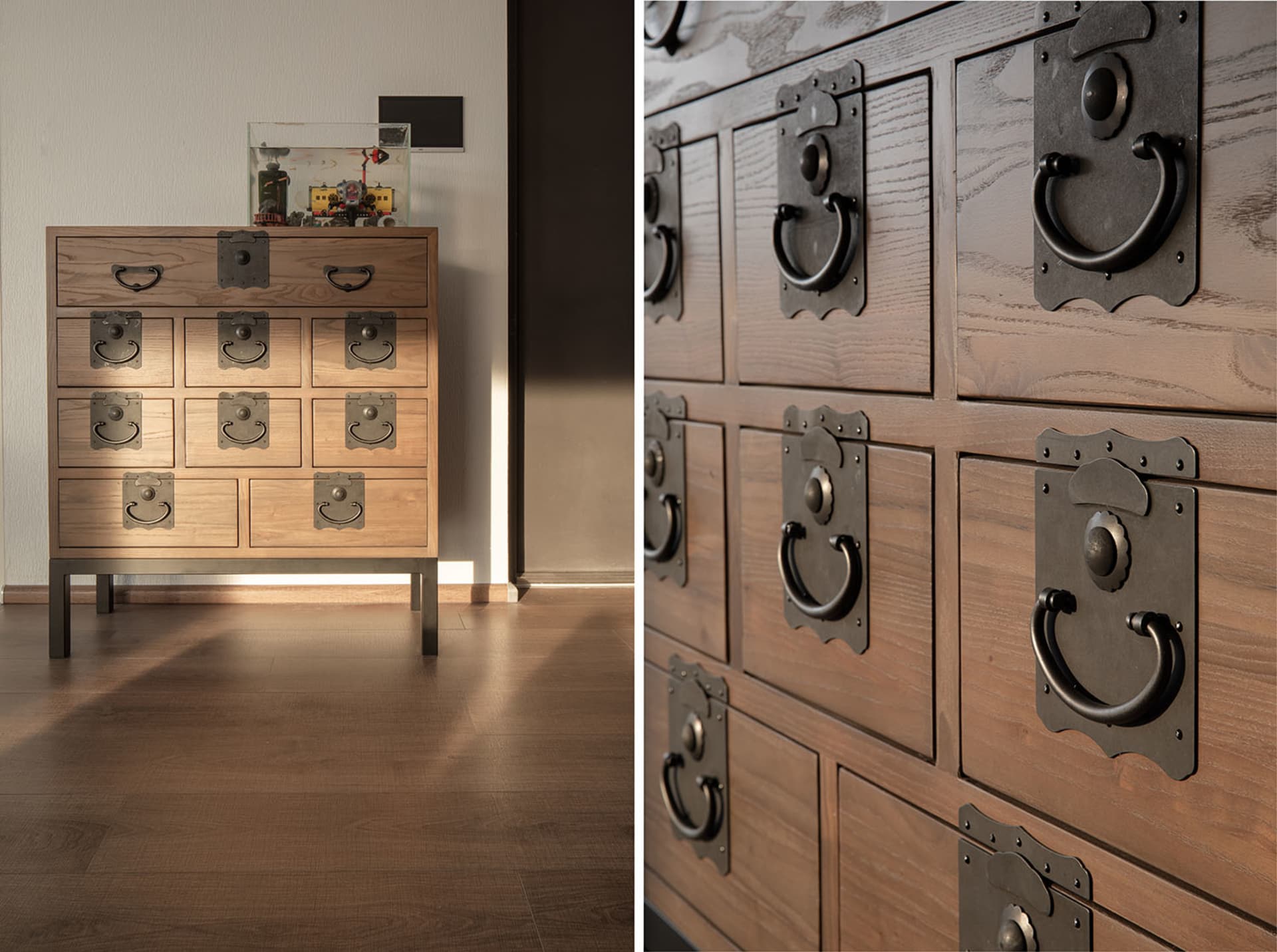 Detail of traditional wooden furniture with metal accents.