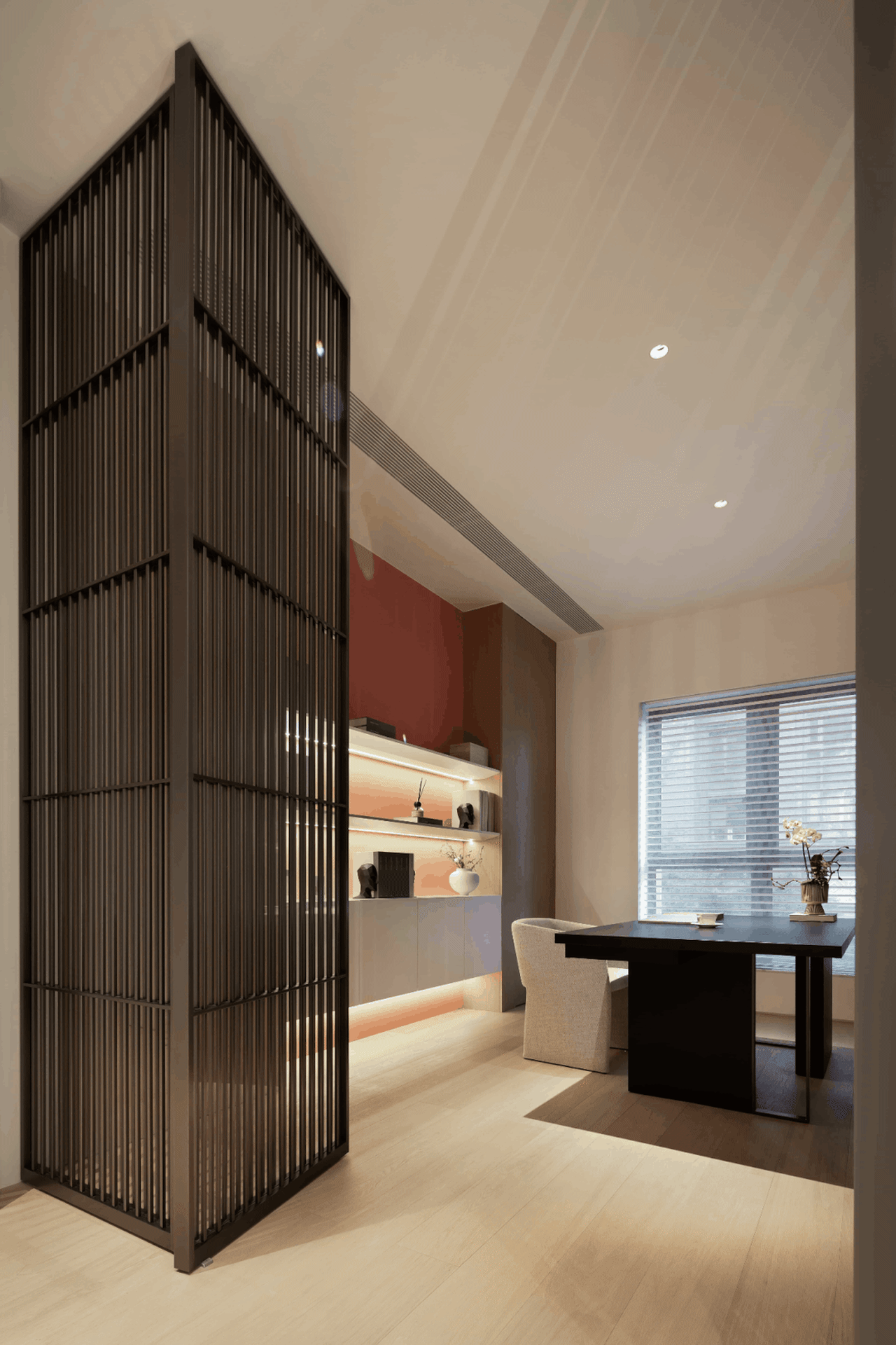 A modern office space featuring wooden design elements.