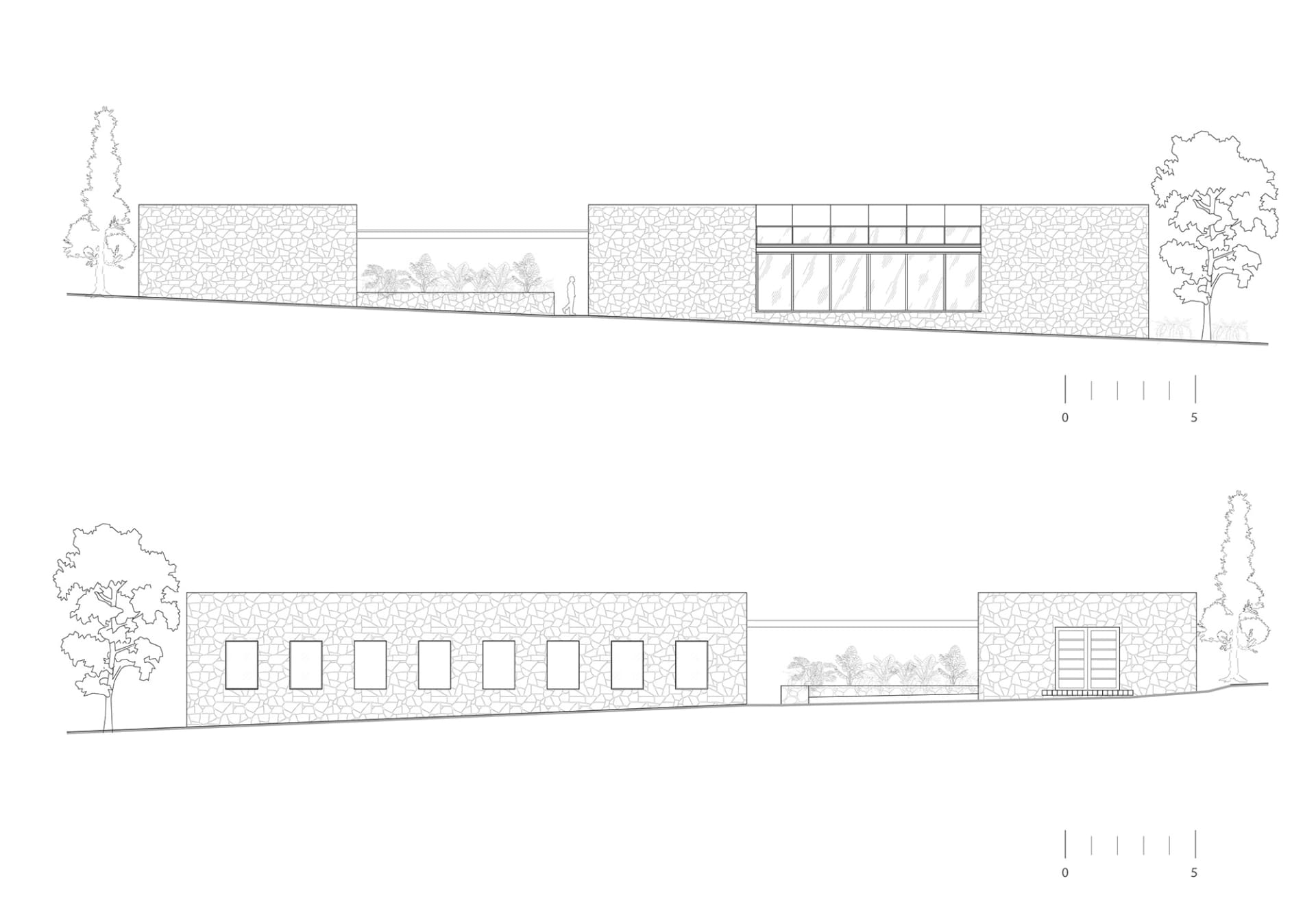 A technical drawing of a modern exterior design featuring stone materials.