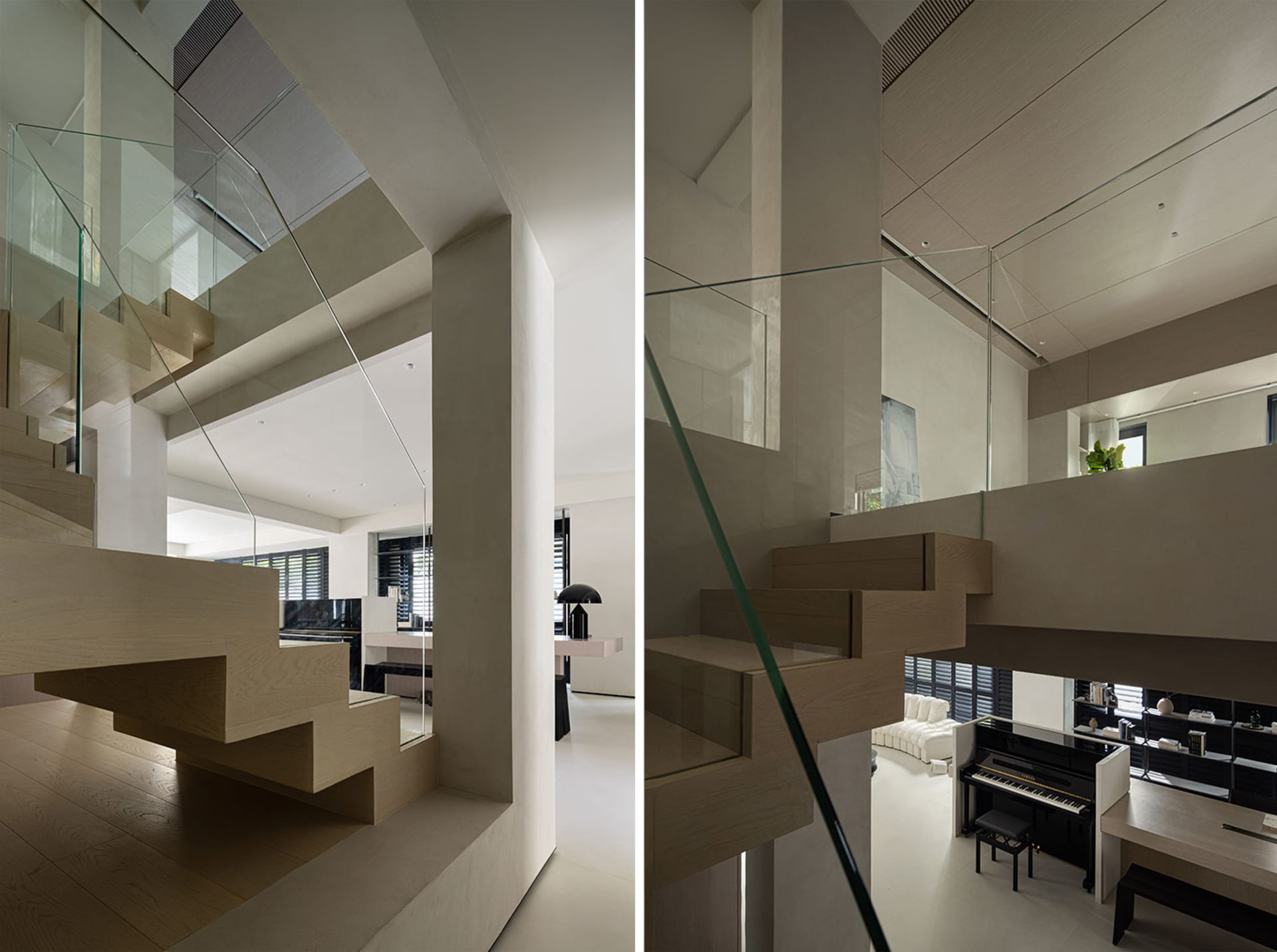 Modern interior design featuring glass and wood elements.