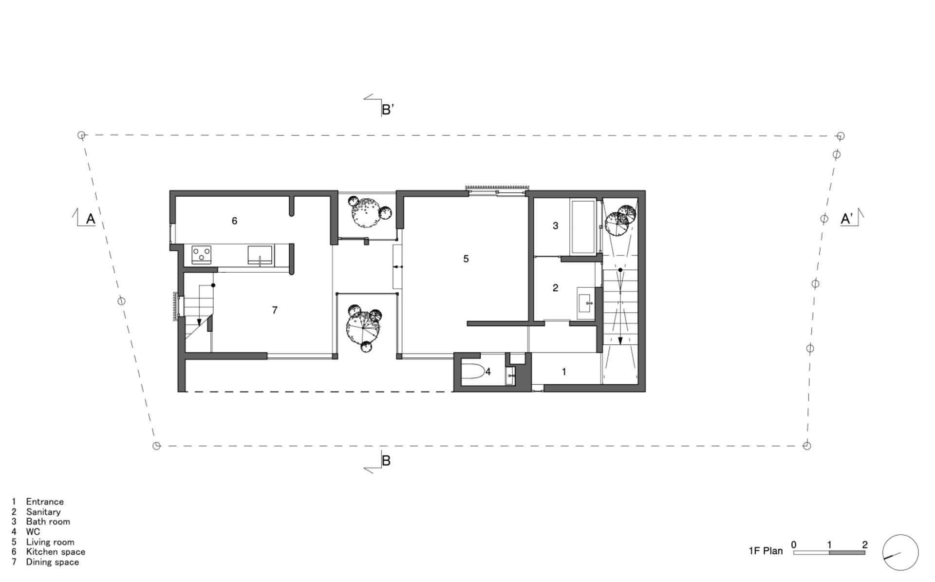 A black and white architectural floor plan of a modern residential house showing rooms labeled as Entrance, Sanitary, Bath ro