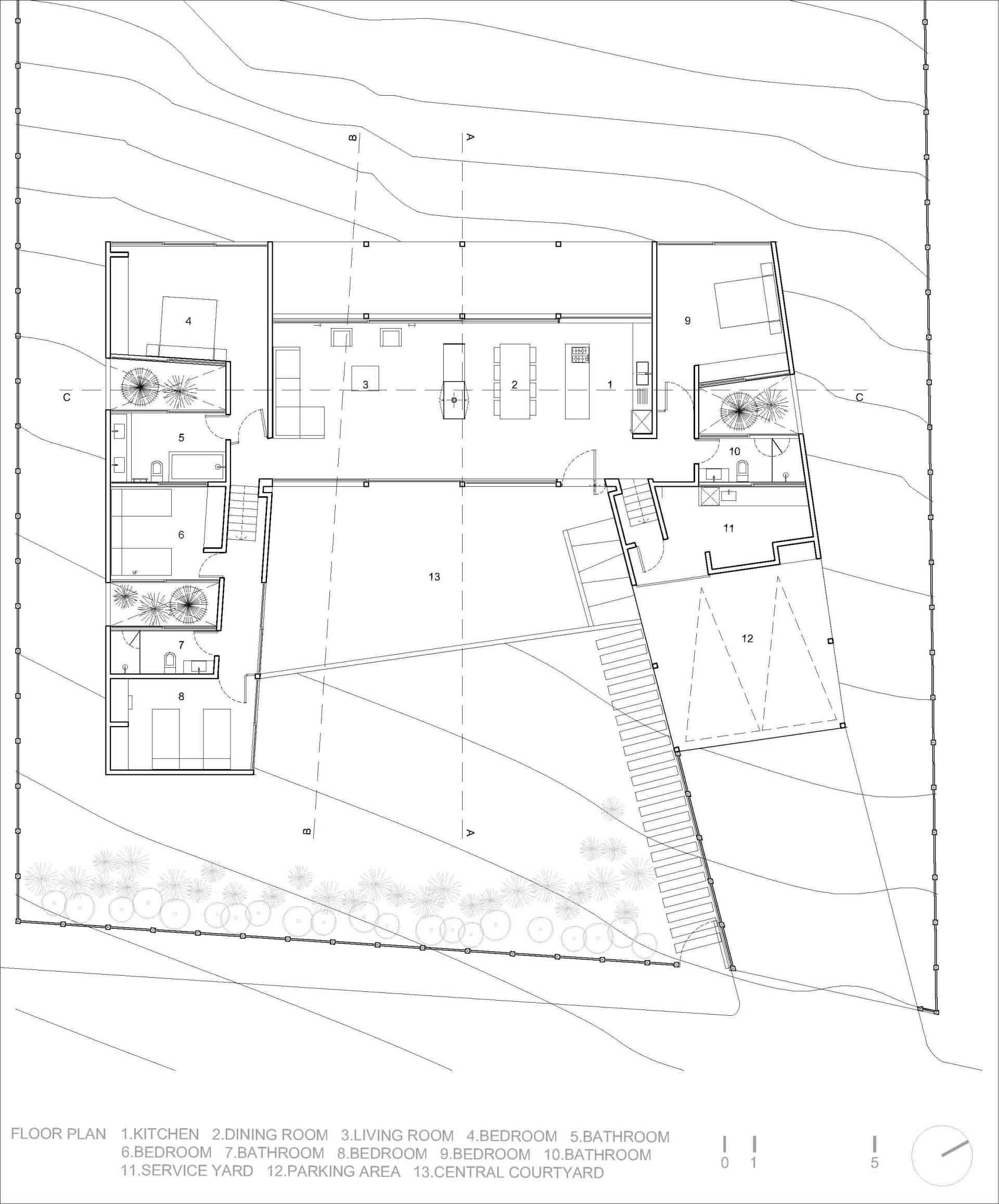 現代建築平面配置的詳細建築藍圖。