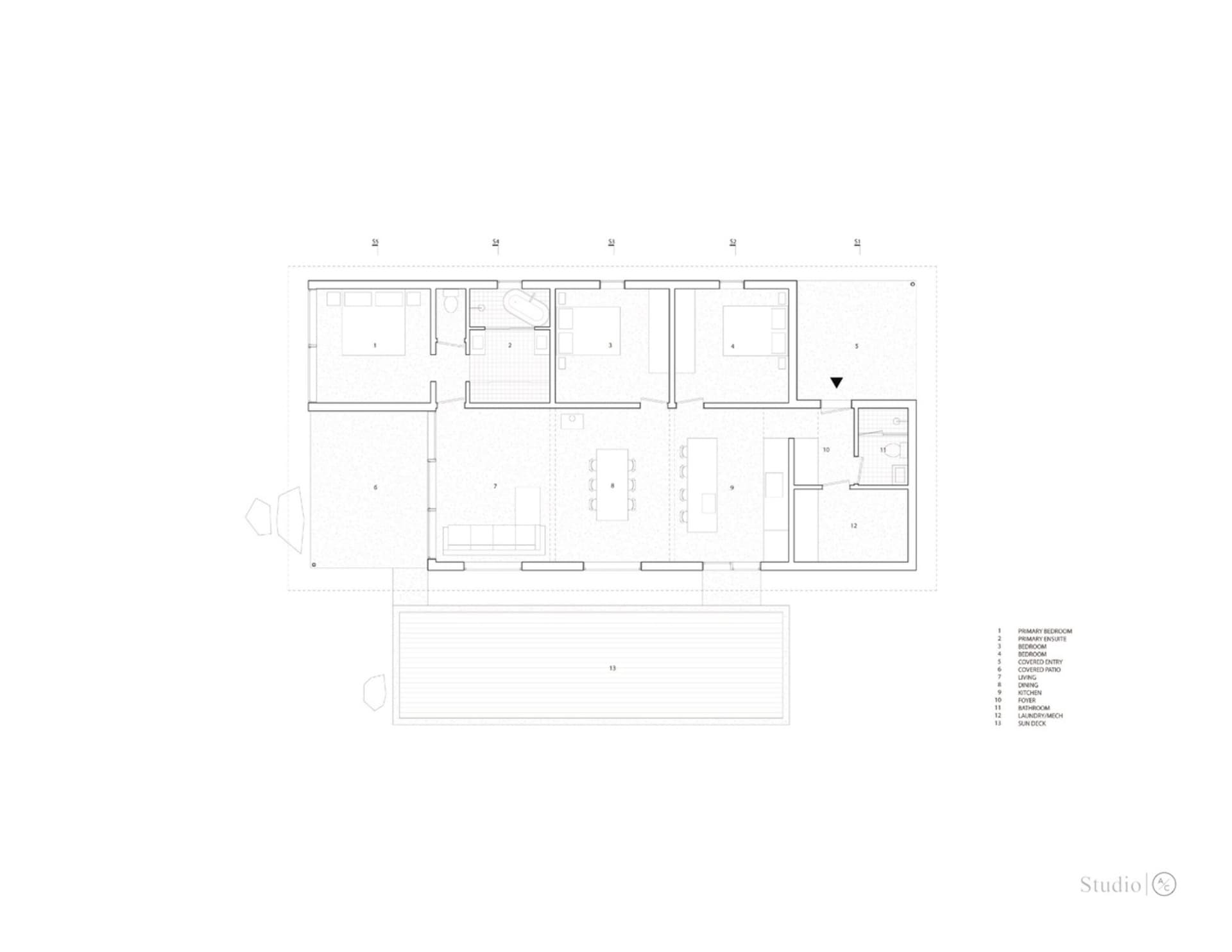 A modern residential floor plan with white lines.