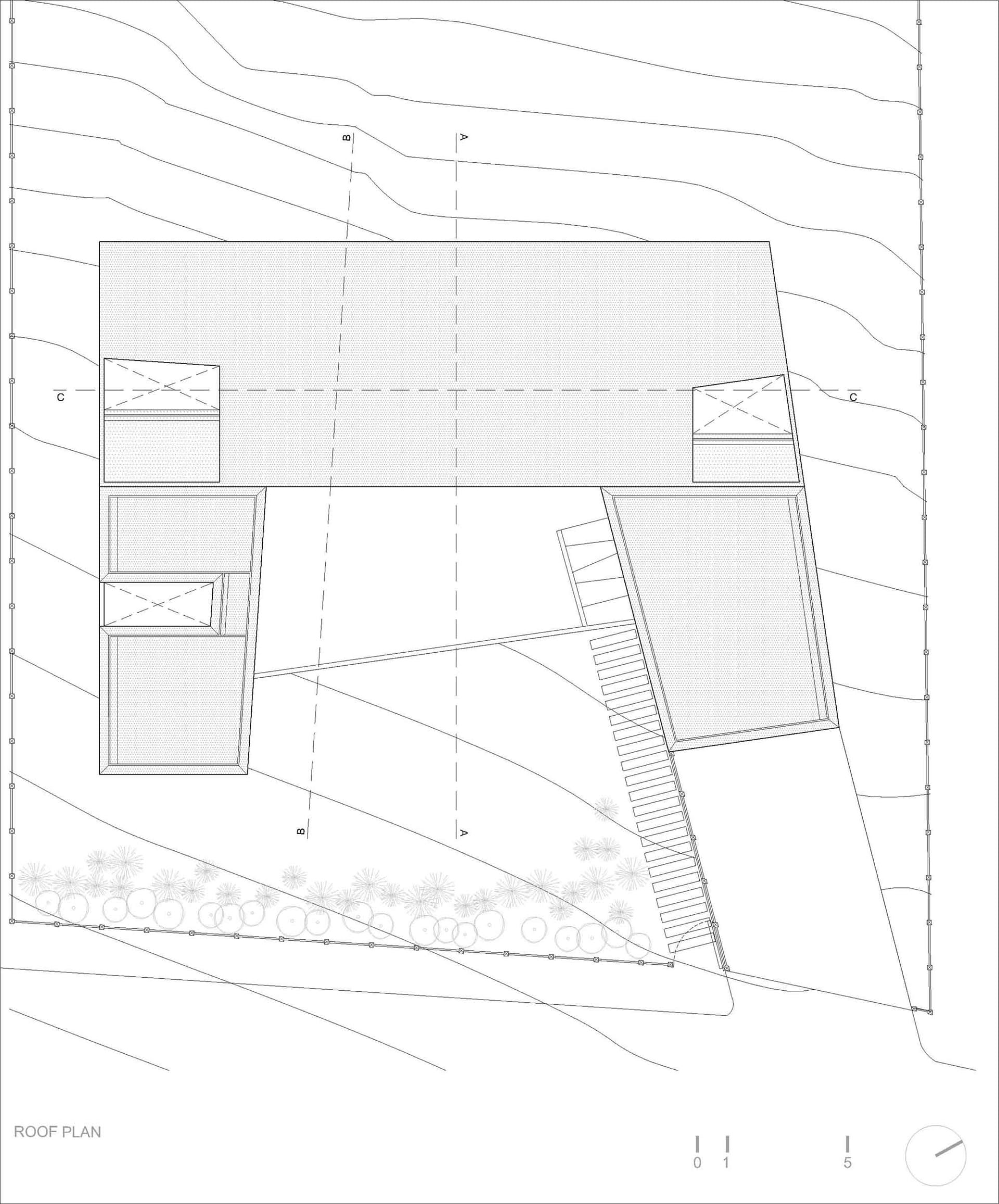 簡化的現代建築屋頂平面圖,屋頂覆蓋點狀圖案。