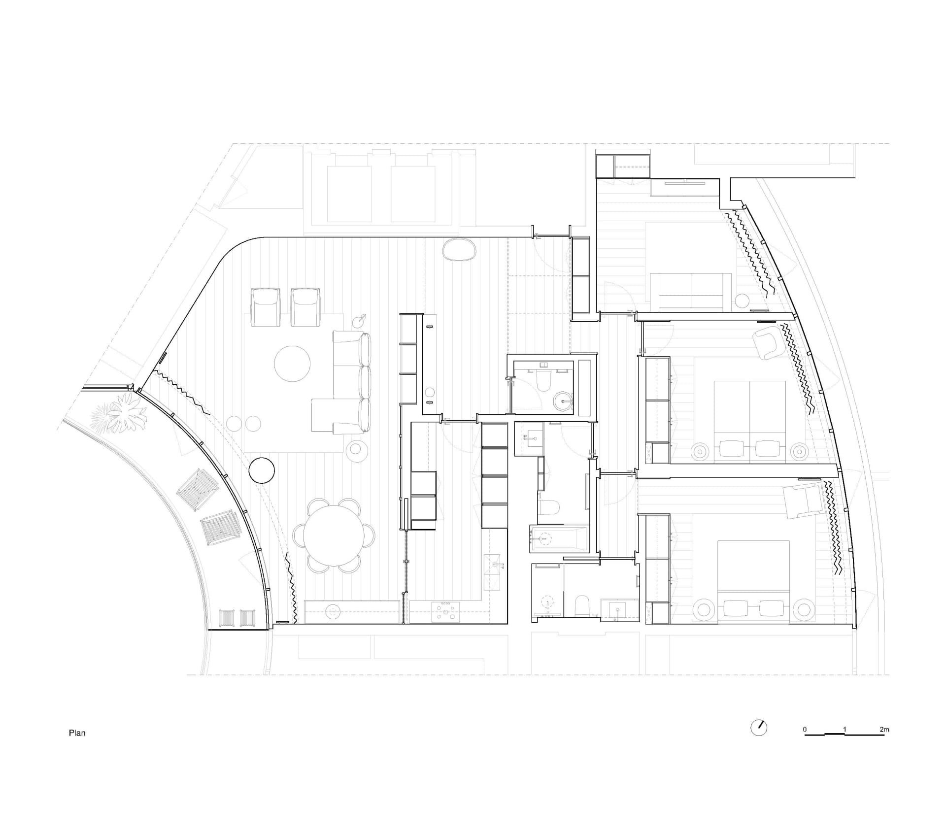 Floor plan of a modern residential space with mixed materials and open layout.