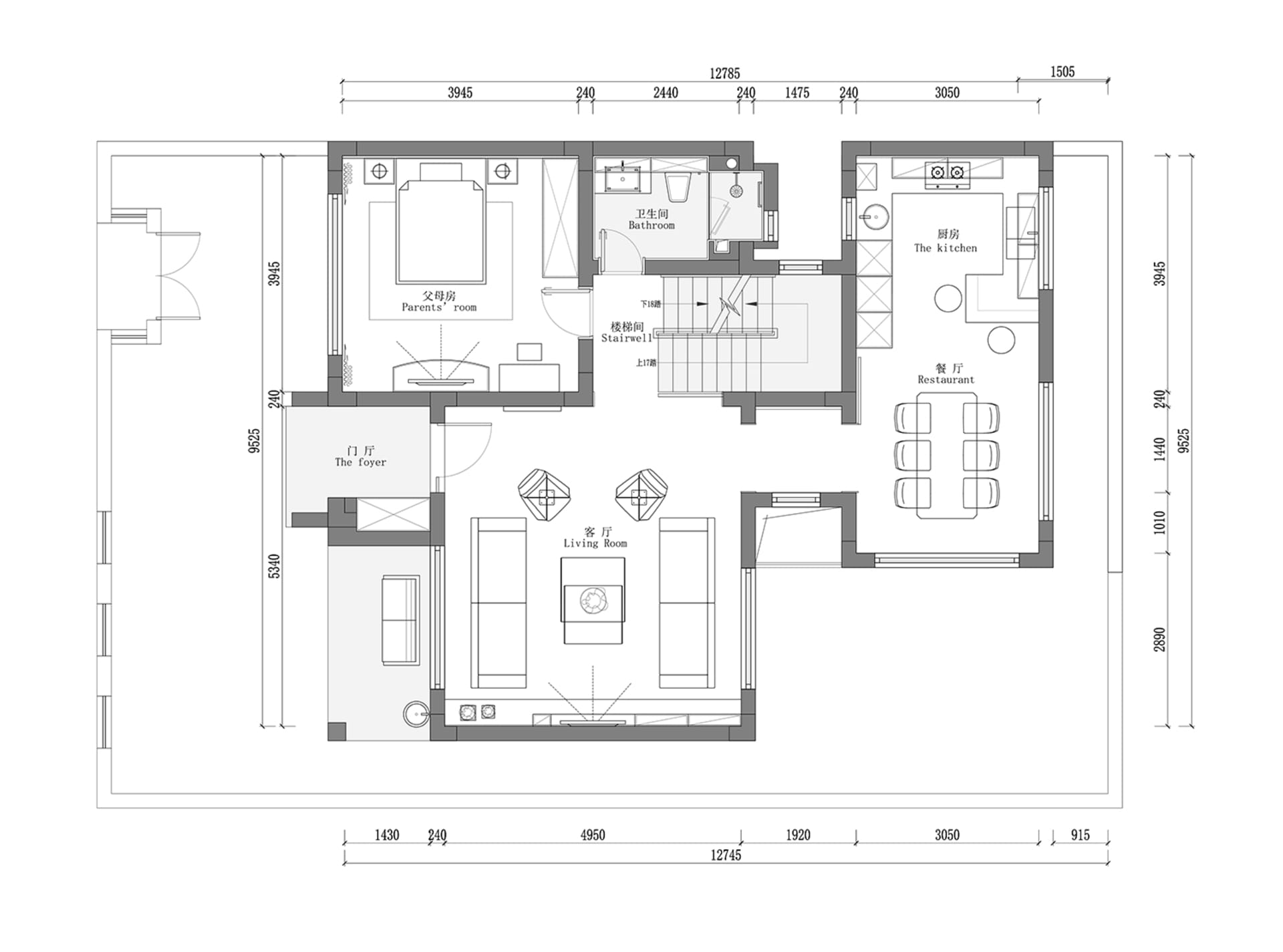 Black and white 2D architectural drawing of a modern townhouse layout.