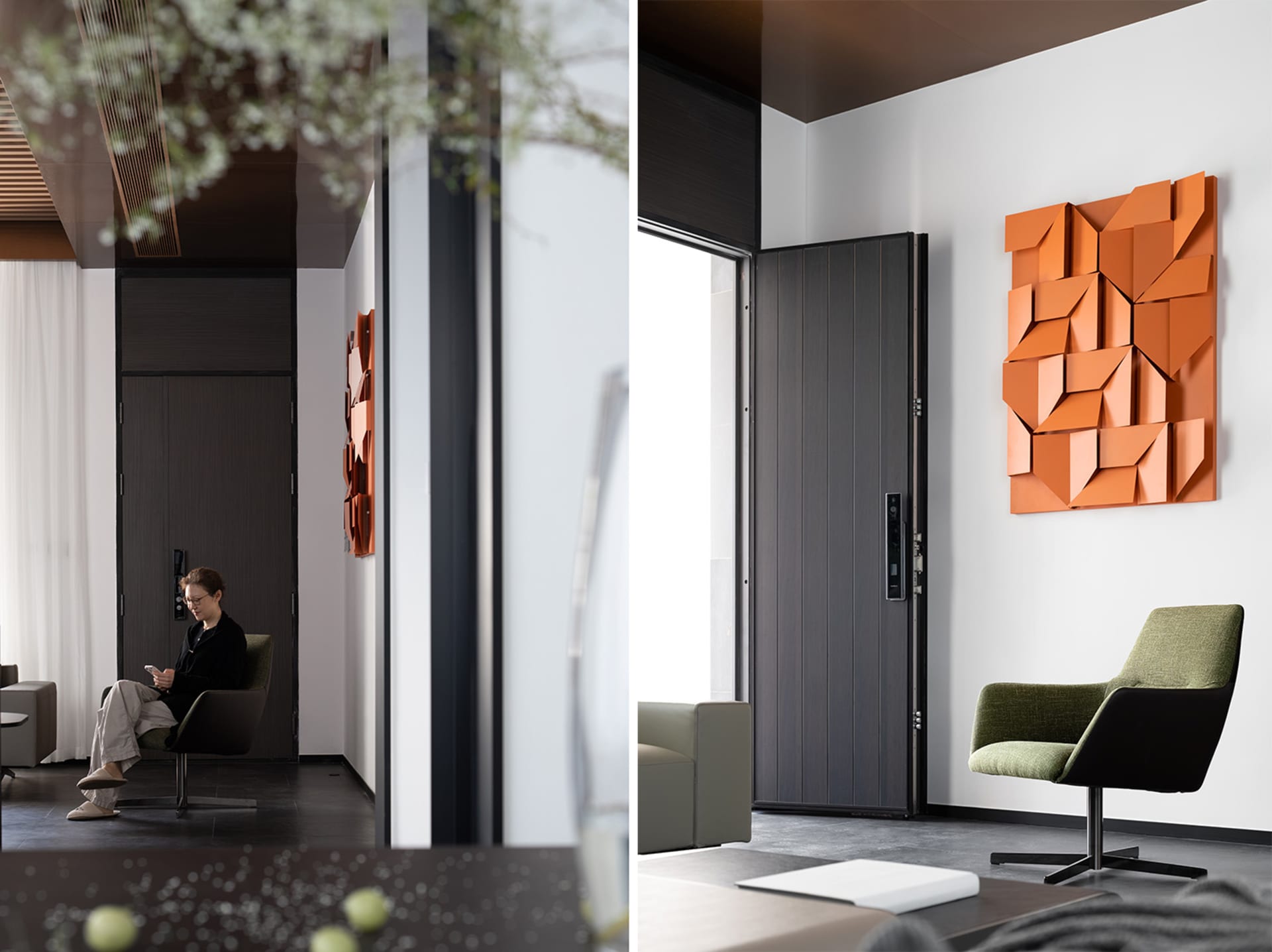 A modern entryway featuring a textured, orange paper panel wall decoration and a green office chair.