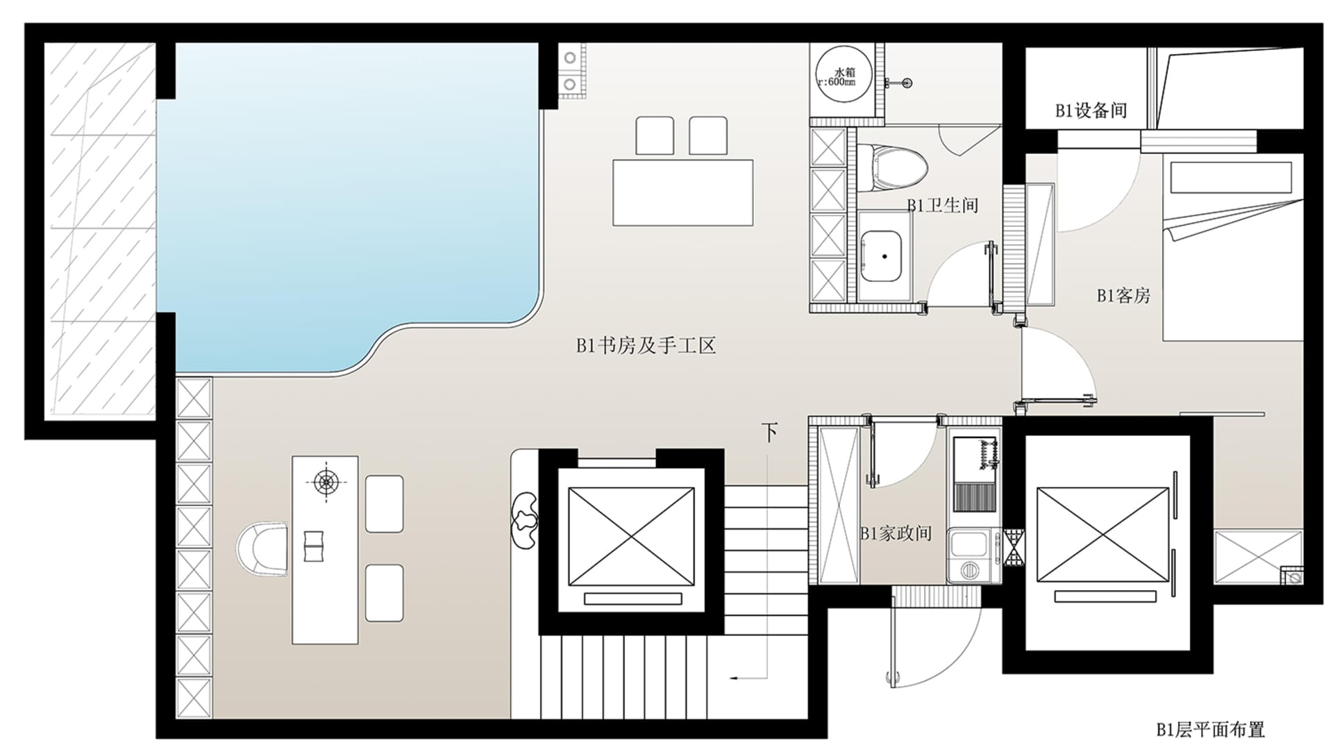 Floor plan of a modern residential interior featuring a concrete water feature.