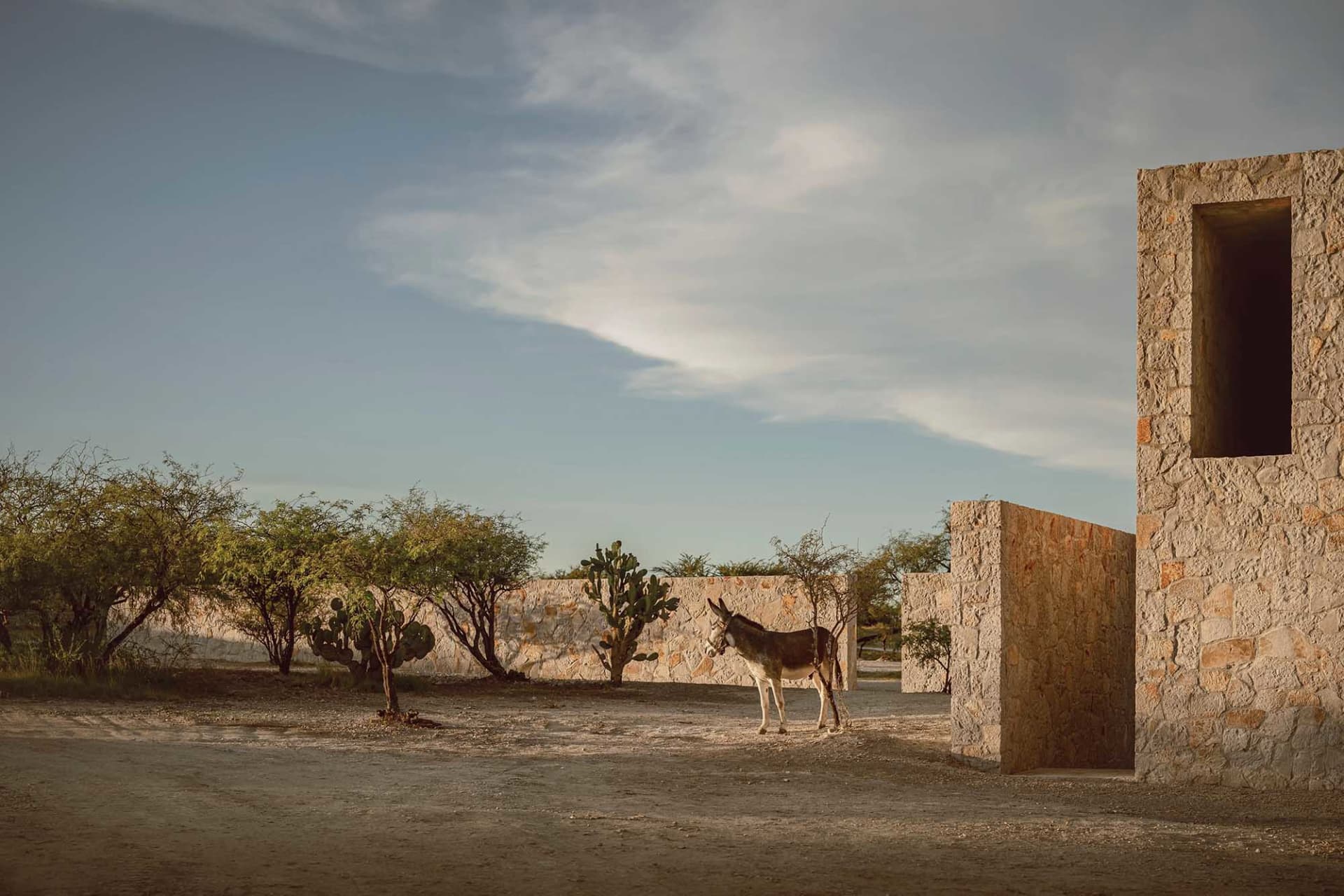 A minimalist stone landscape featuring a donkey and traditional architecture.
