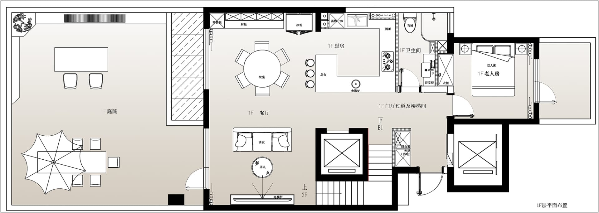 modern residential interior layout with kitchen, living room, and bedroom