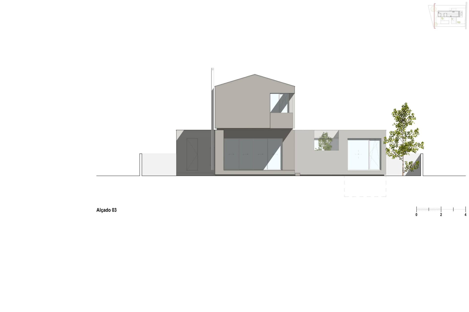 Modern house with a concrete exterior and large windows.