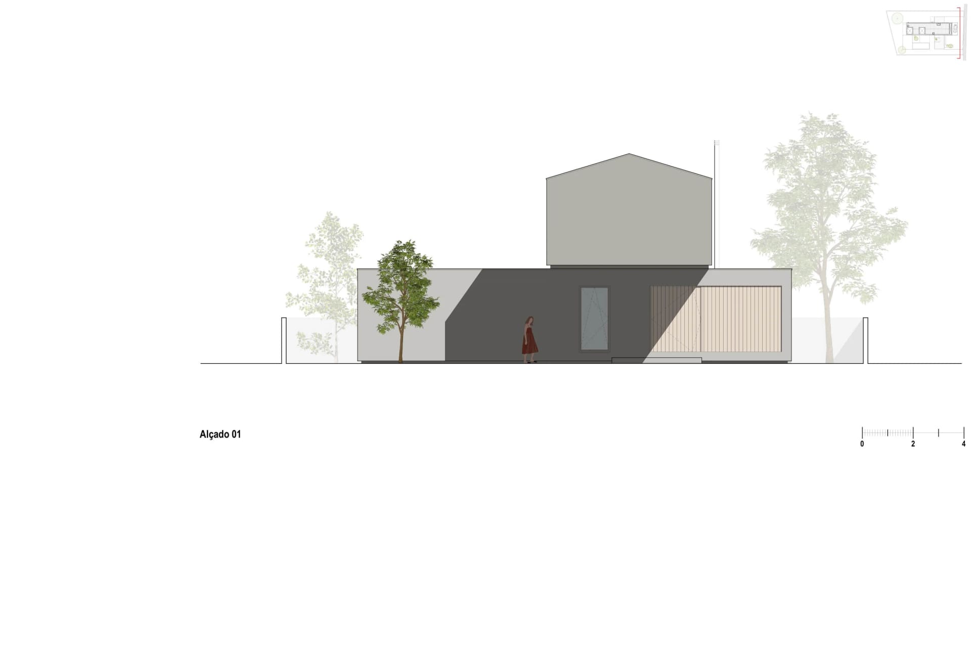 Modern exterior concrete house rendered perspective view with minimalist design and small trees surrounding.