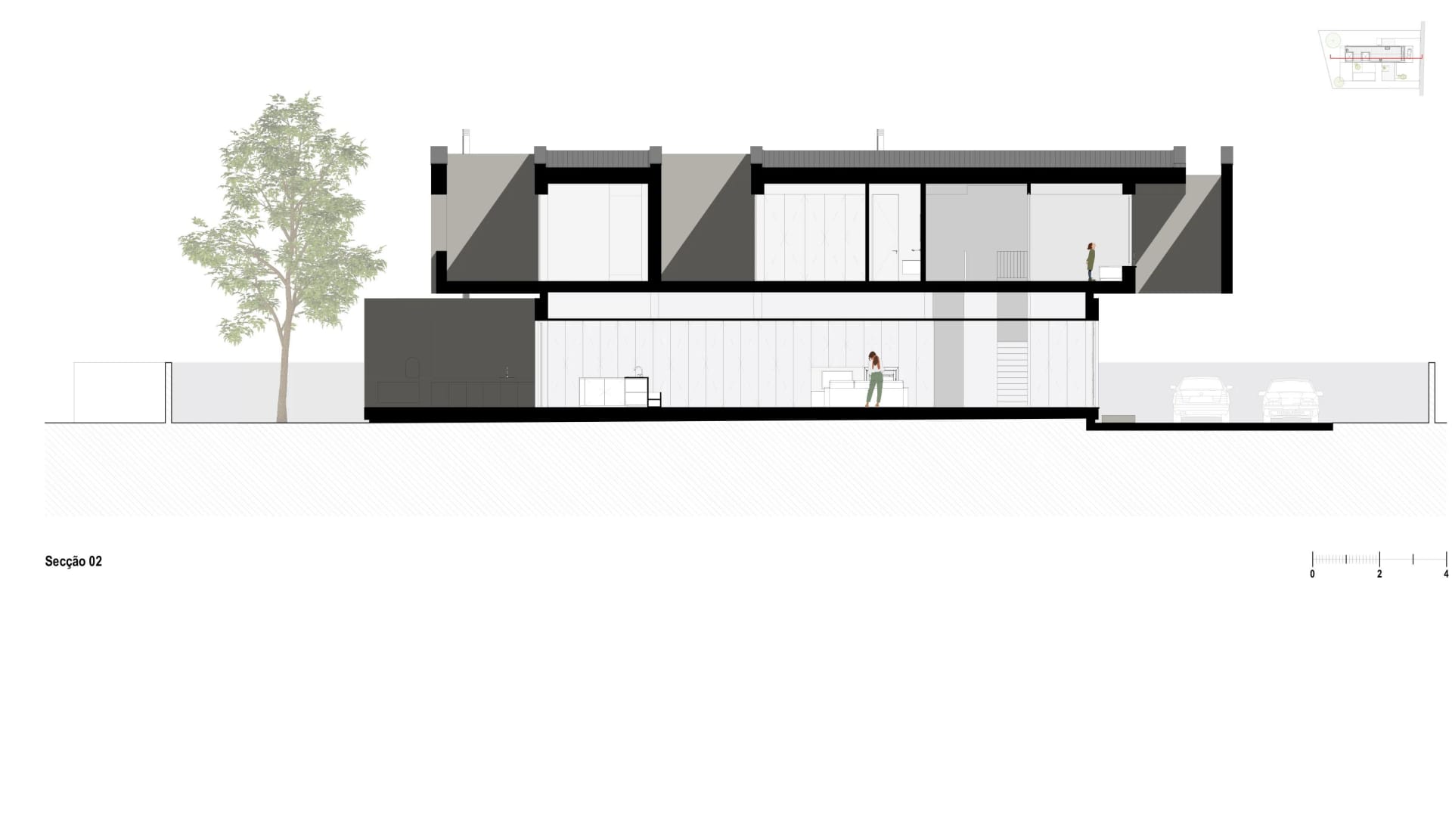 Sectional view of a modern interior with glass walls and a minimalist design.