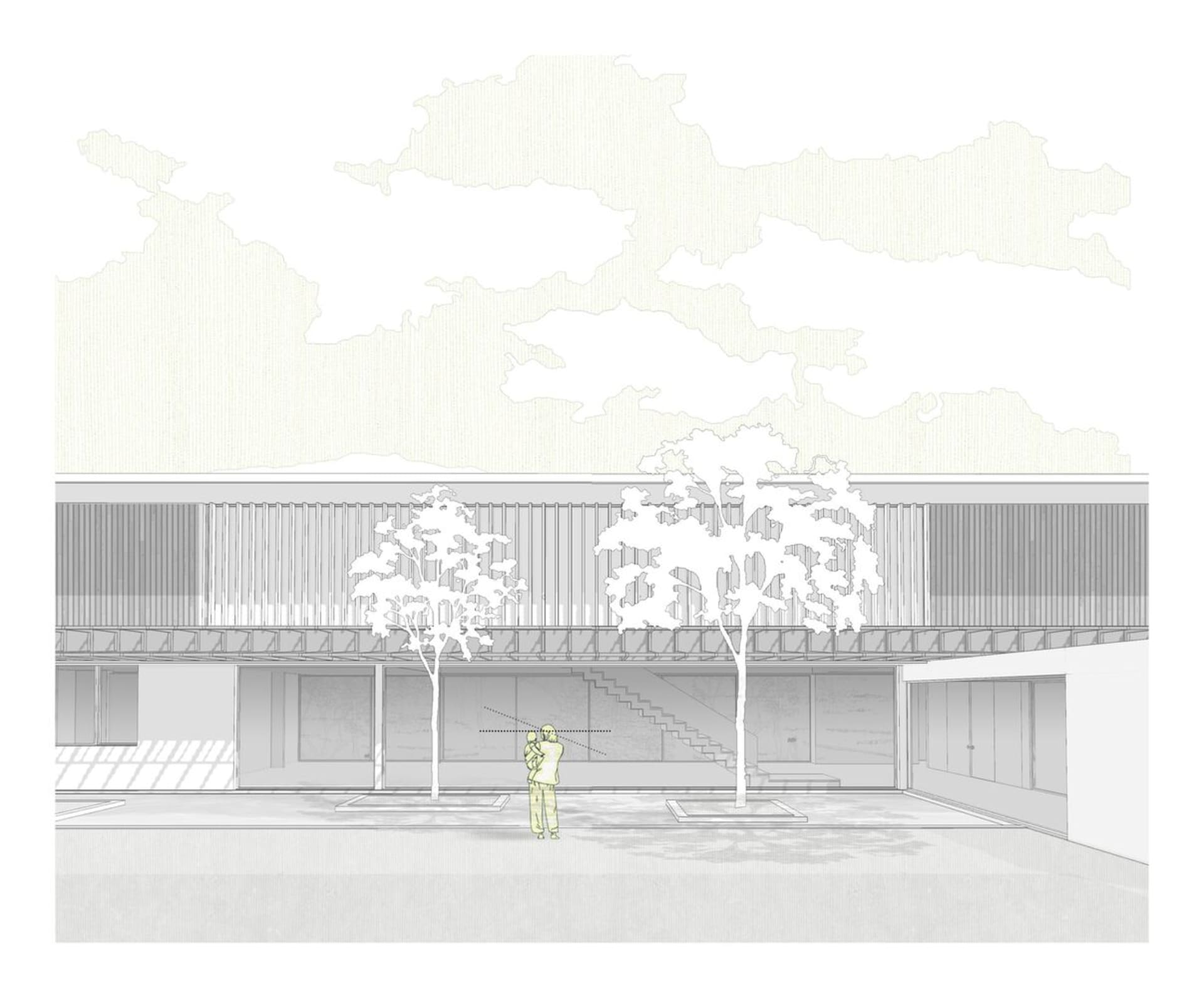 一張線框建築渲染圖，描繪現代建築指標，包括立面元素、樹木與人物