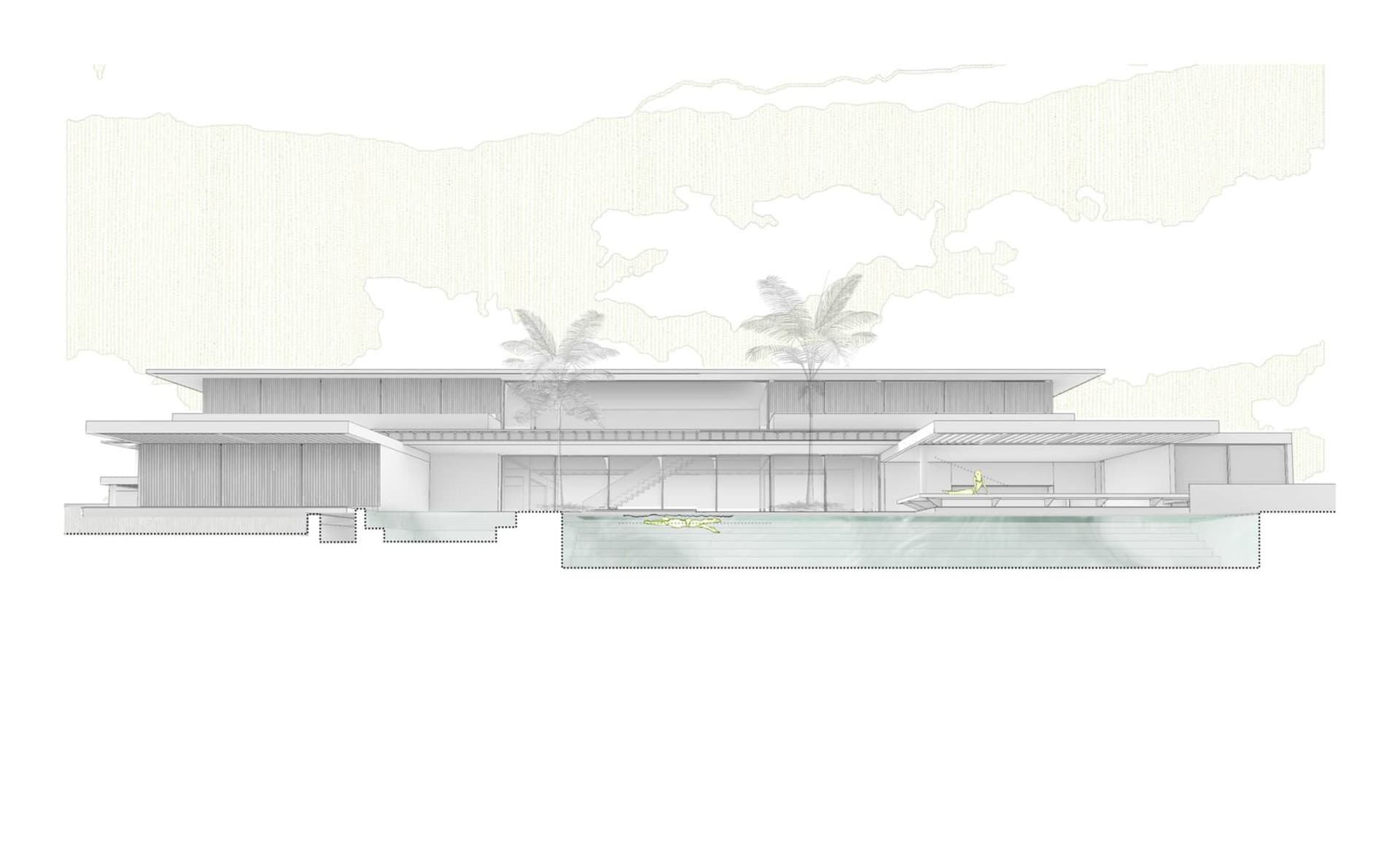 A modern residential design featuring a concrete floor plan with large glass windows.