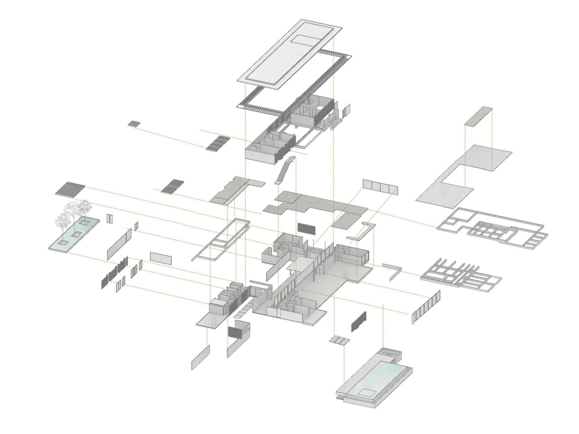 A detailed architectural drawing of a modern building with mixed materials, showing the floor plan layout.
