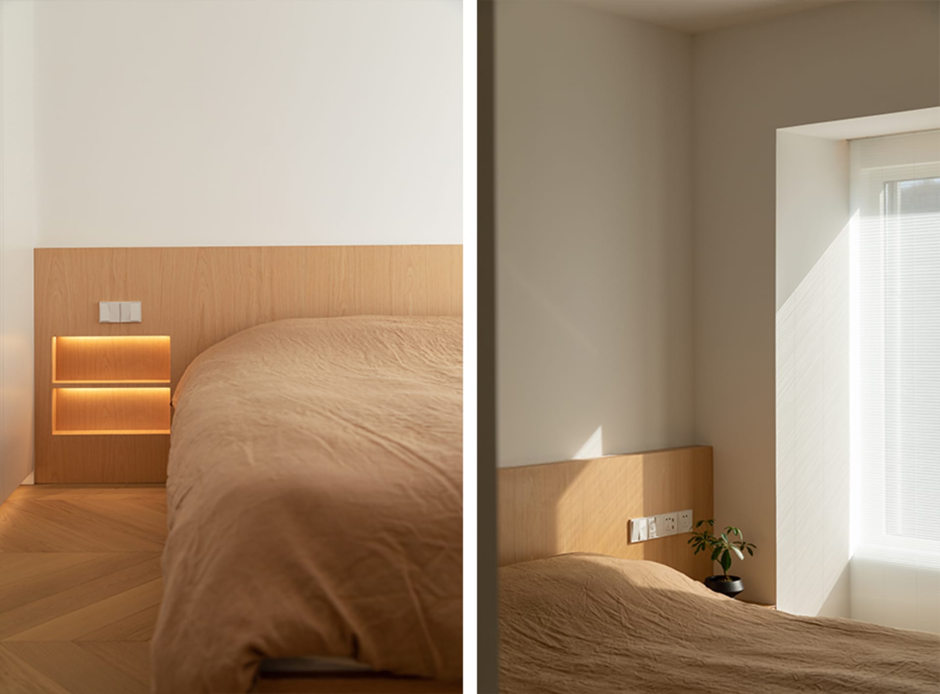 Modern, minimalist bedroom featuring wooden headboard and beige bedding.