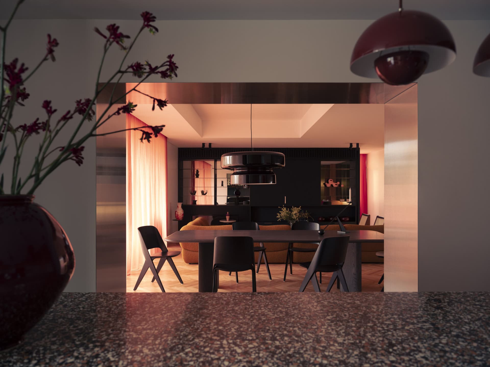 Modern living room with terrazzo flooring and minimalist design