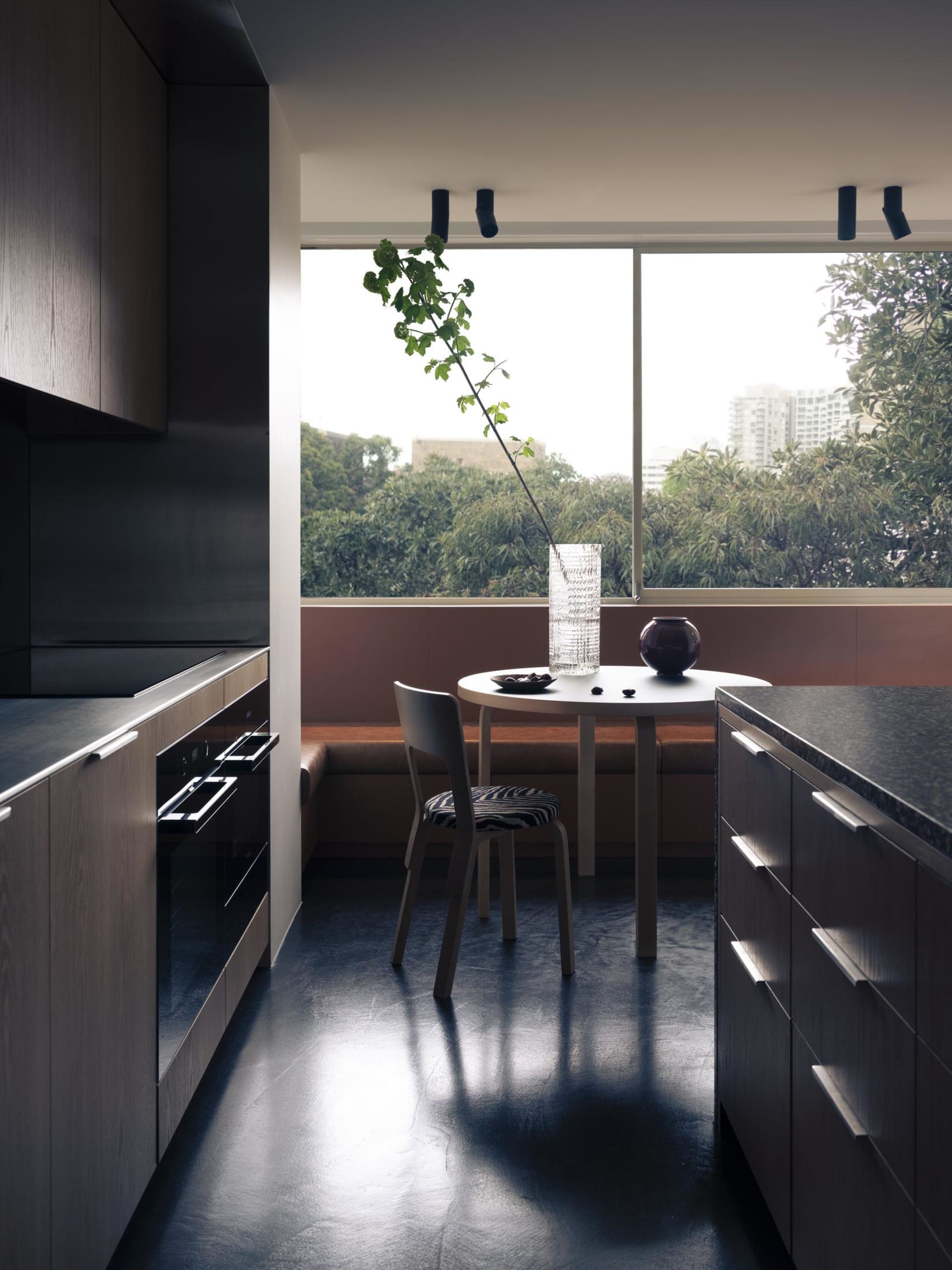 Modern residential kitchen with dark wood cabinets and dark metal accents