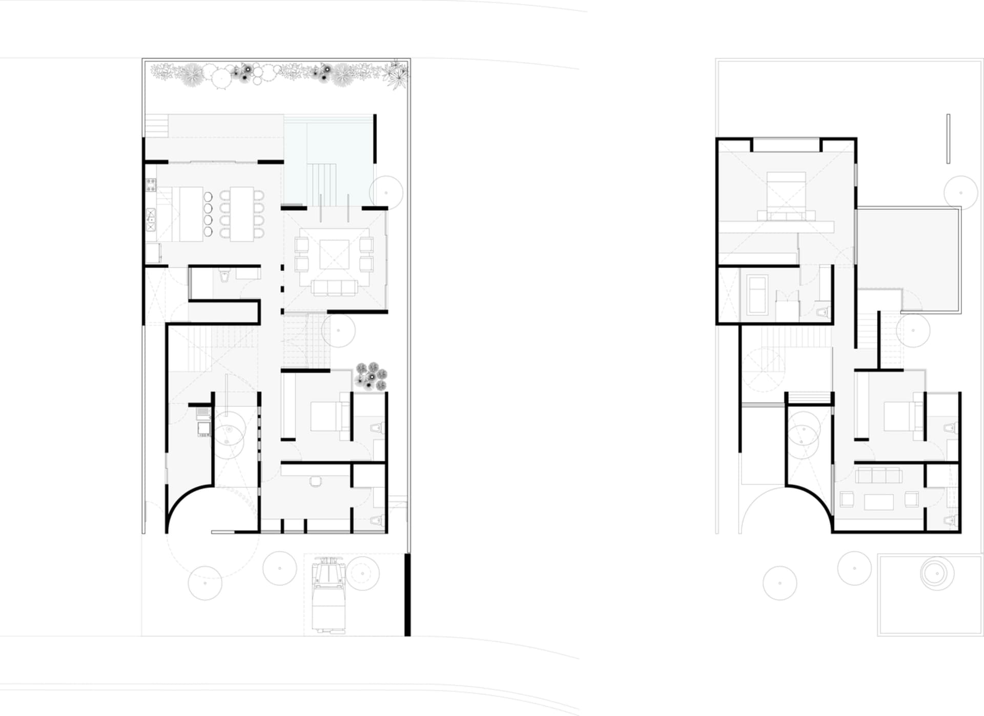 Modern architectural floor plan with minimalist design, featuring open living areas and a central courtyard.