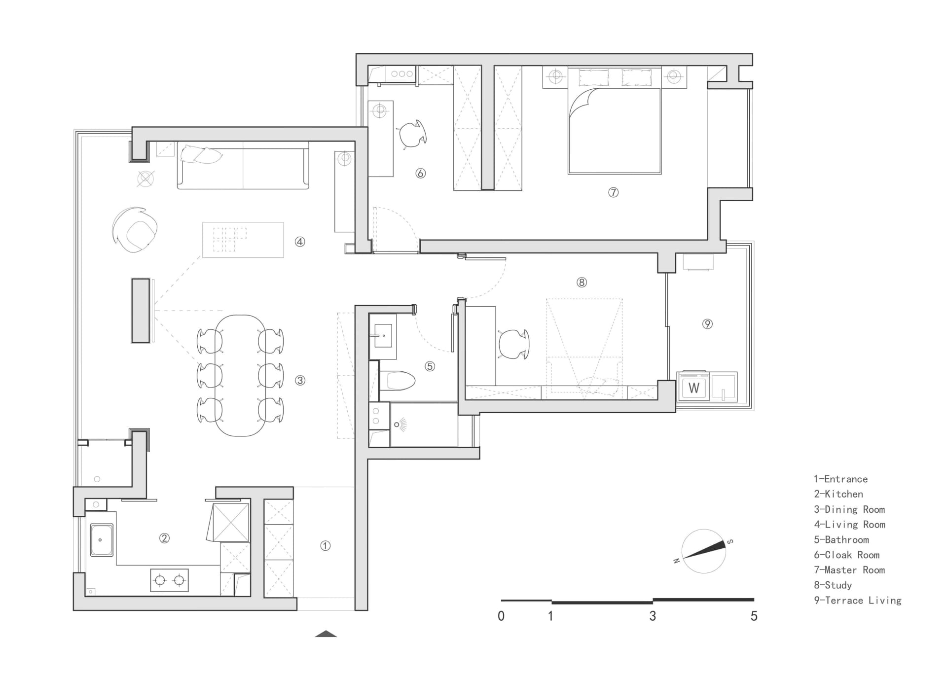 A detailed floor plan of a modern apartment with rooms labeled and dimensions provided.