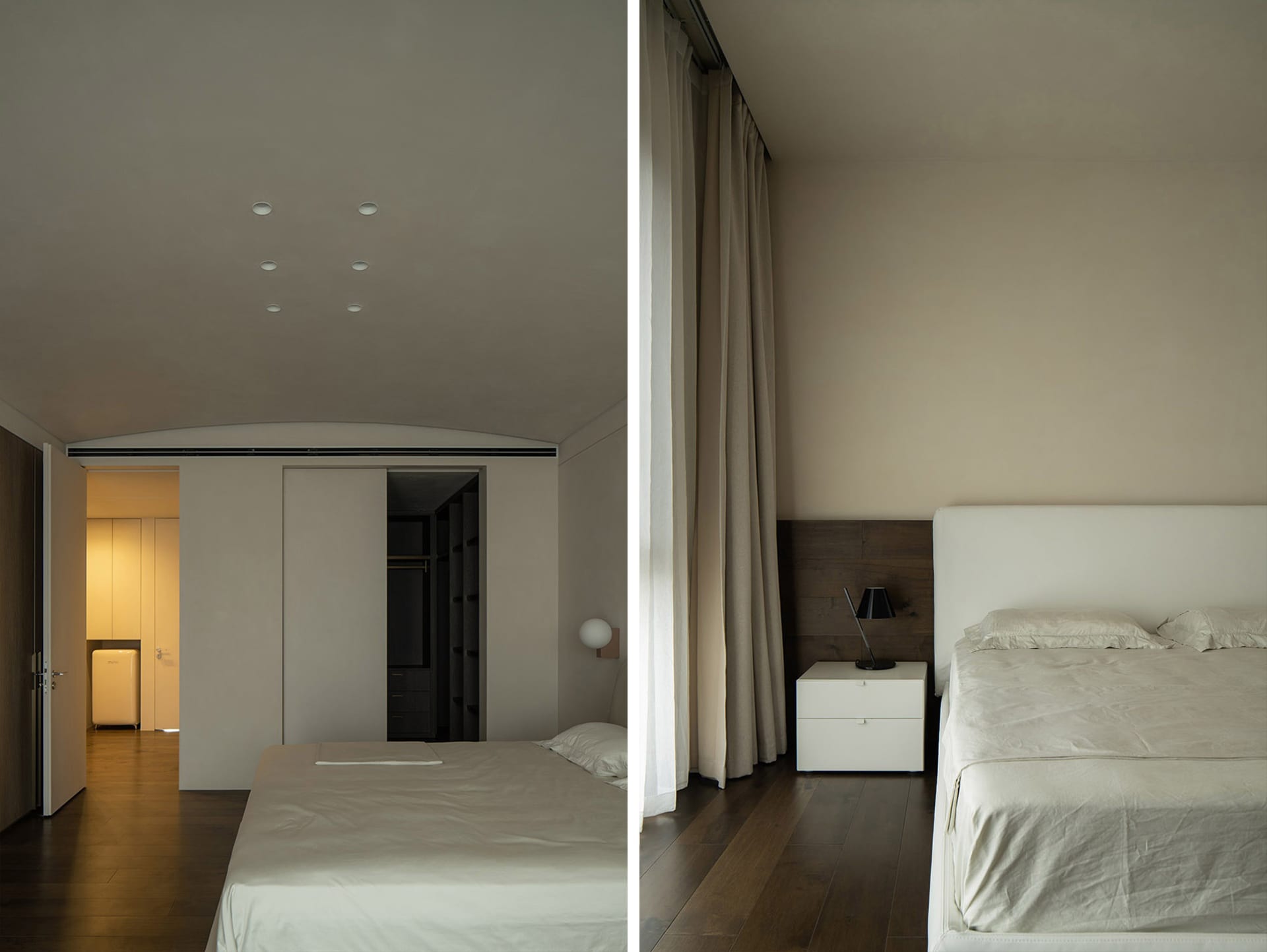 Modern minimalist bedroom with white beds and curtains, wooden flooring.