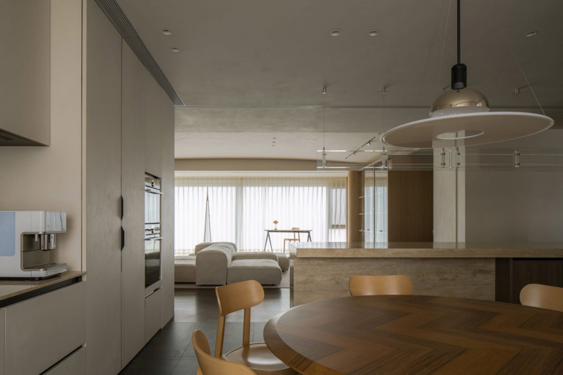 Modern residential interior space with neutral color palette and contemporary design elements.