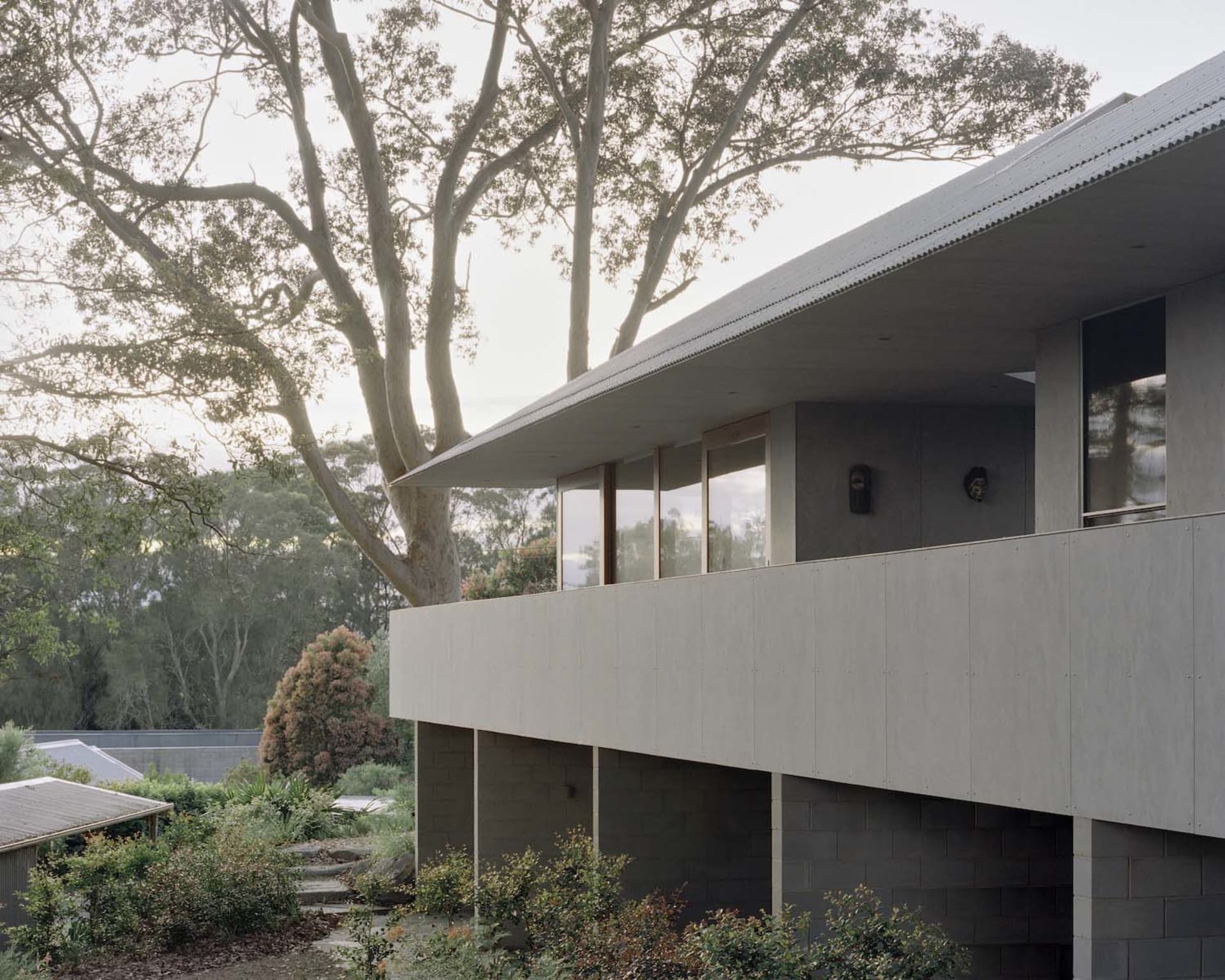 A modern residential exterior featuring metal cladding under a tree.