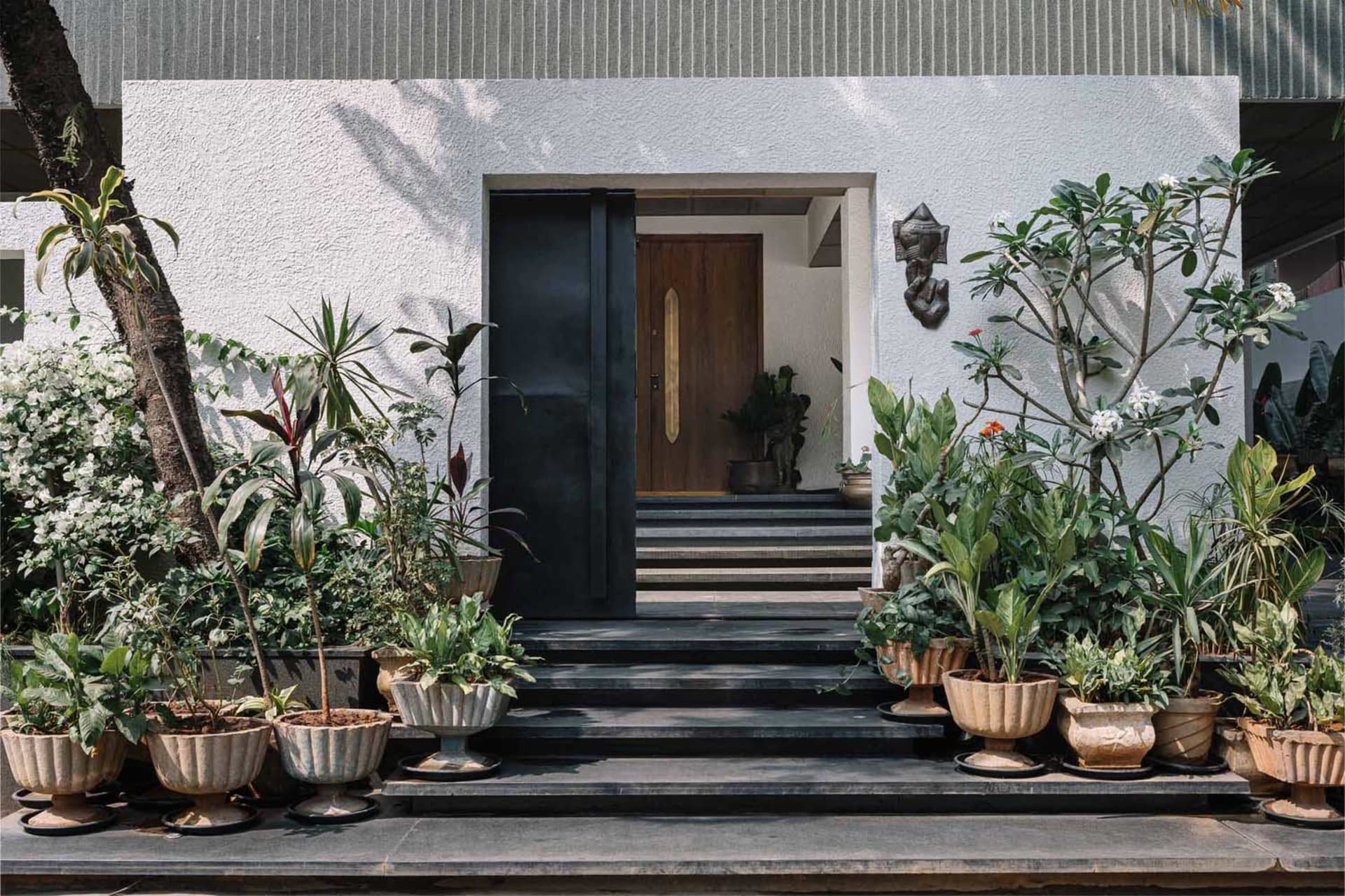 現代混凝土建築外觀,搭配木質門扇與多盆植栽。