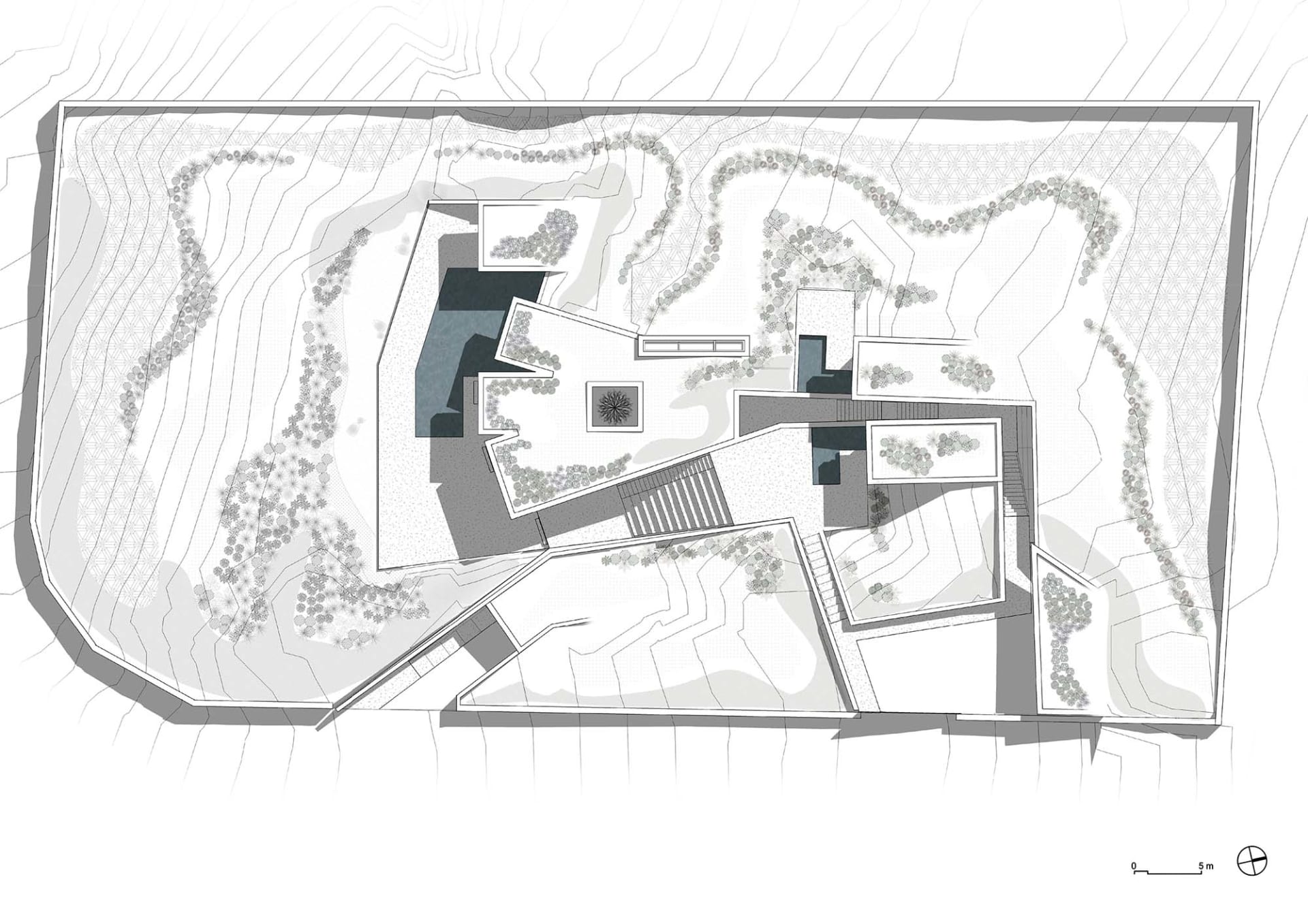 A modern house plan featuring concrete, glass, and steel materials.