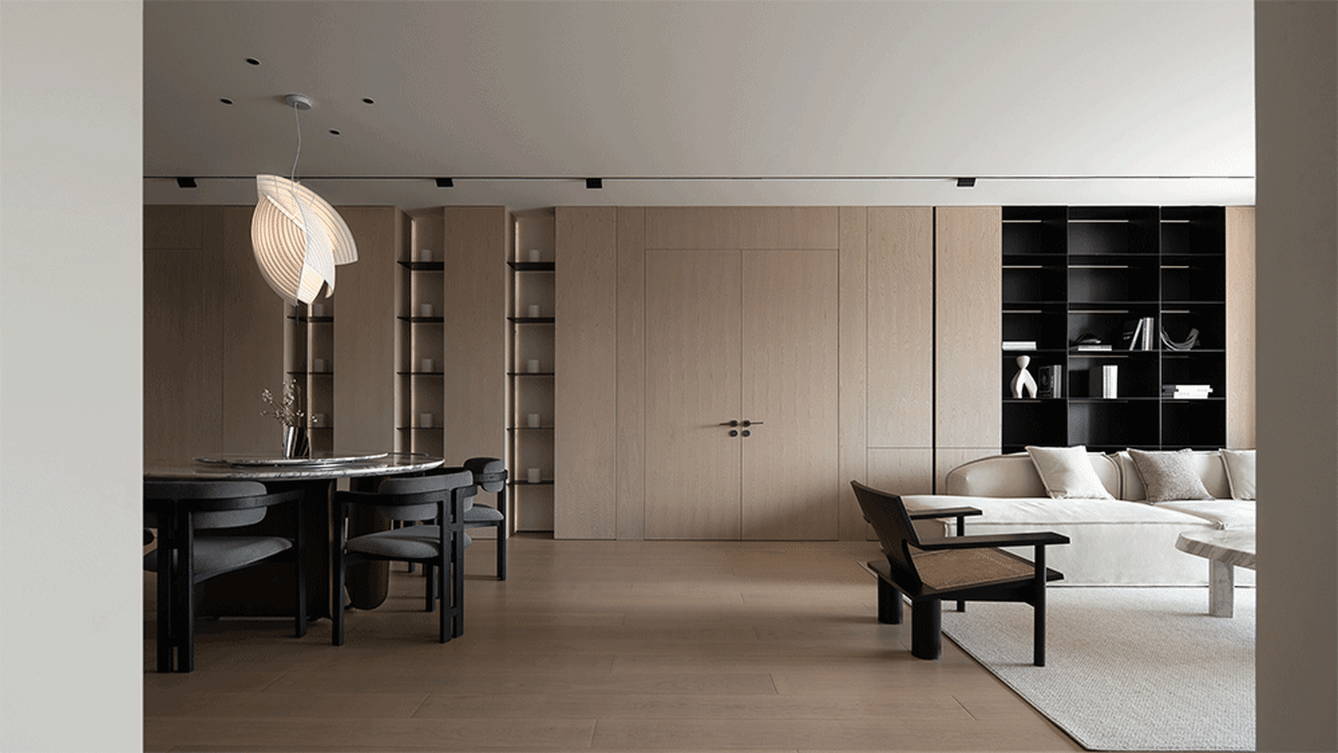 Modern living room with wood accents and minimalist furniture.