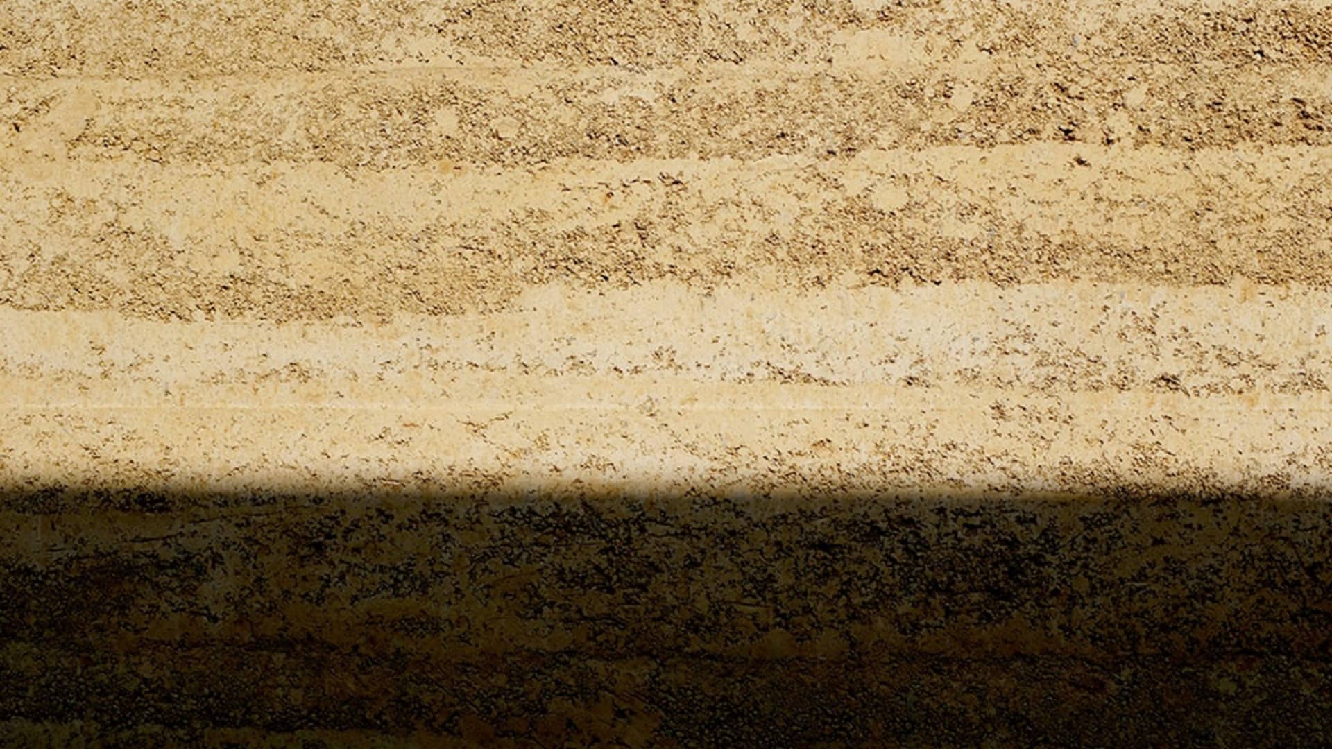 Close-up view of a textured sandstone wall illuminated by natural light.