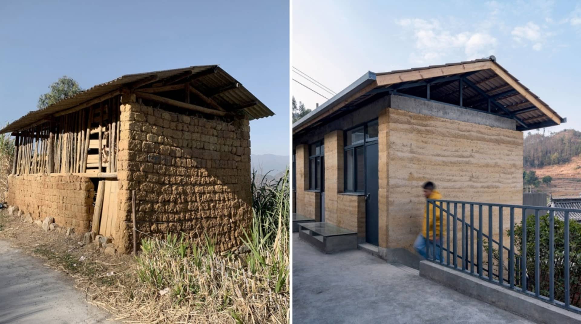 翻新後的建築外牆採用混凝土與稻草材質，搭配現代屋頂結構，並設有門的入口。