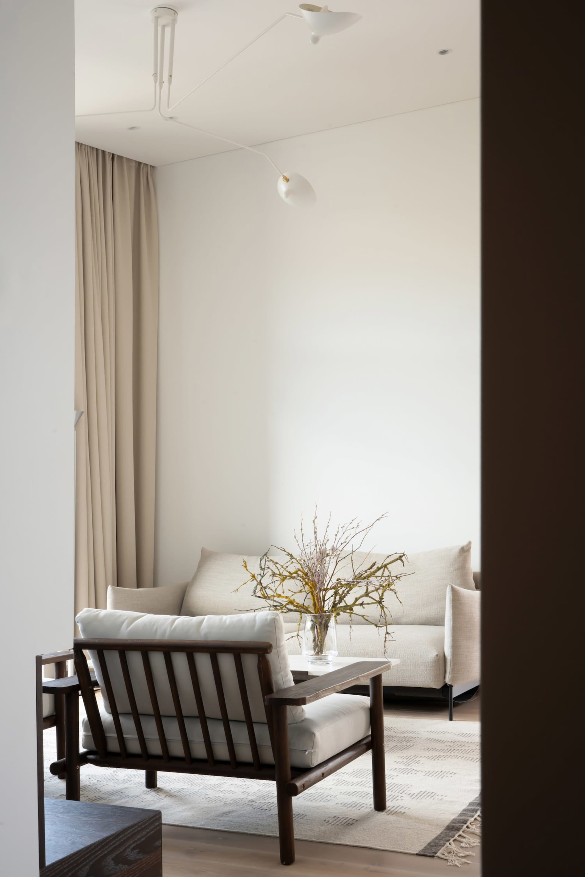 Modern minimalist living room featuring a fabric sofa on a textured rug.