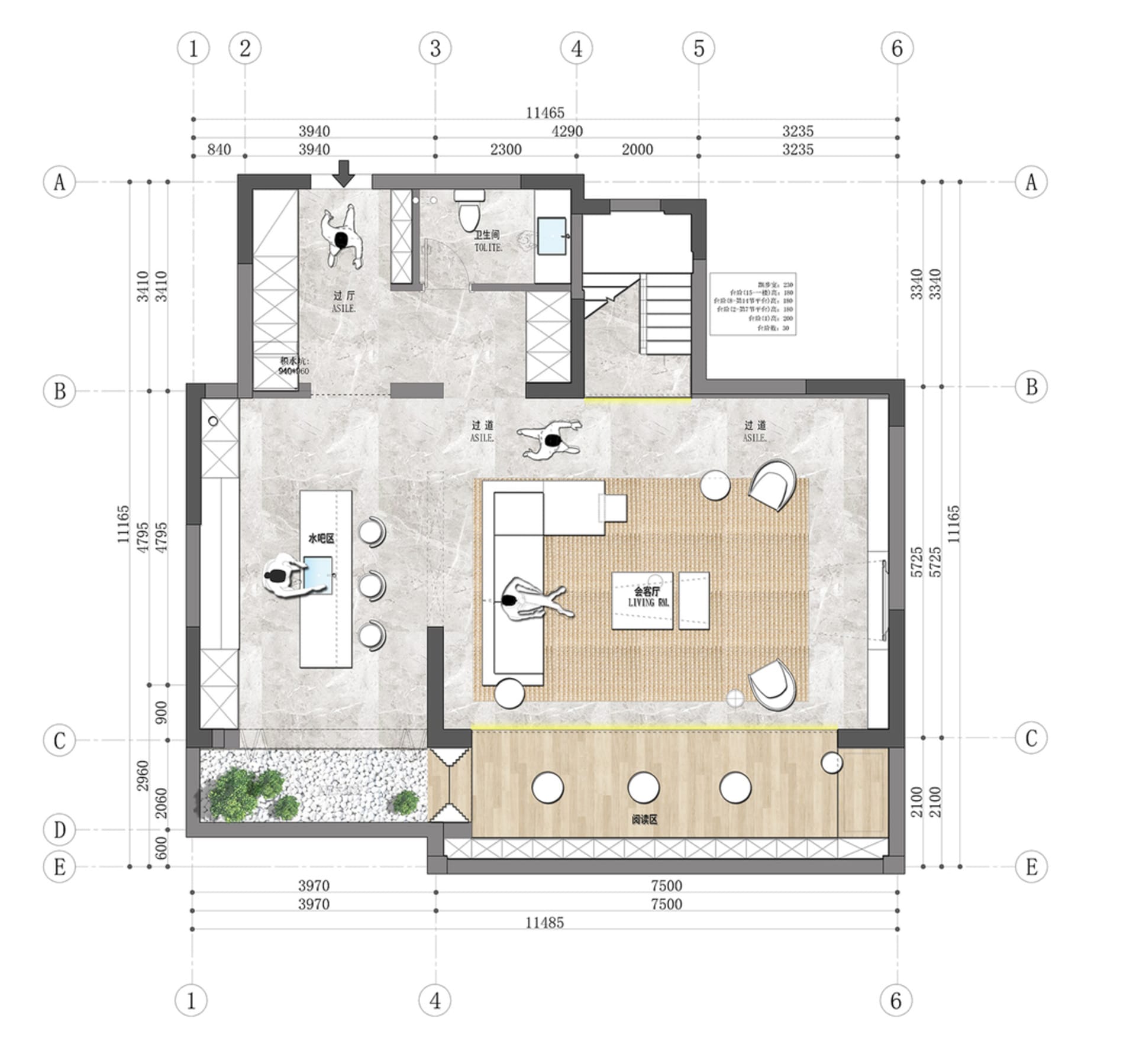 現代室內設計的平面圖,展示客廳搭配木地板與中央地毯。