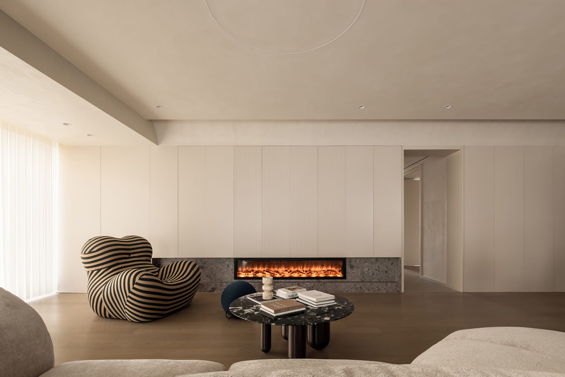 Minimalist living room with concrete fireplace andGuided meditation, deep relaxation, stress reduction, mental peace