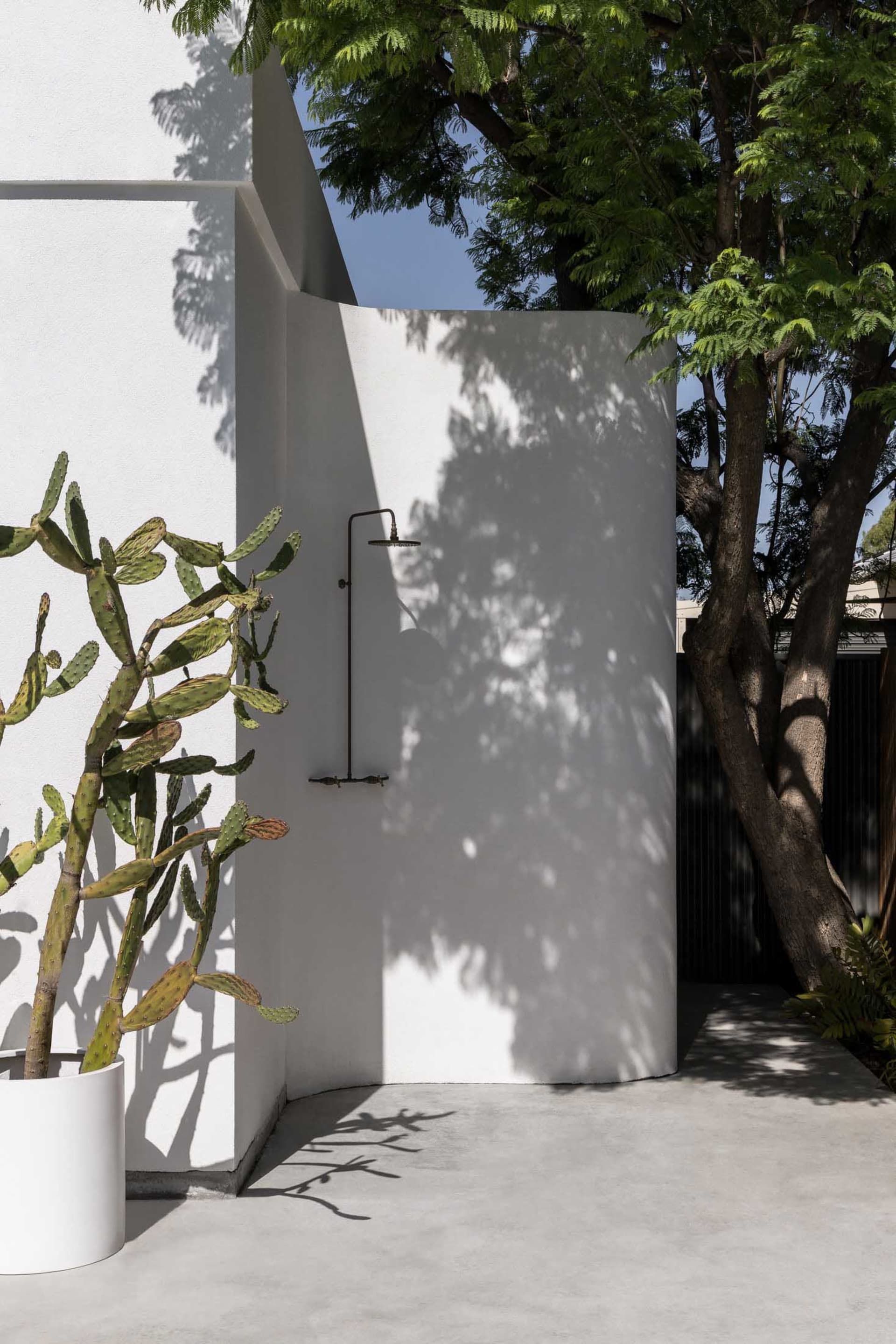 A minimalist outdoor shower with a concrete wall and tree shadows.