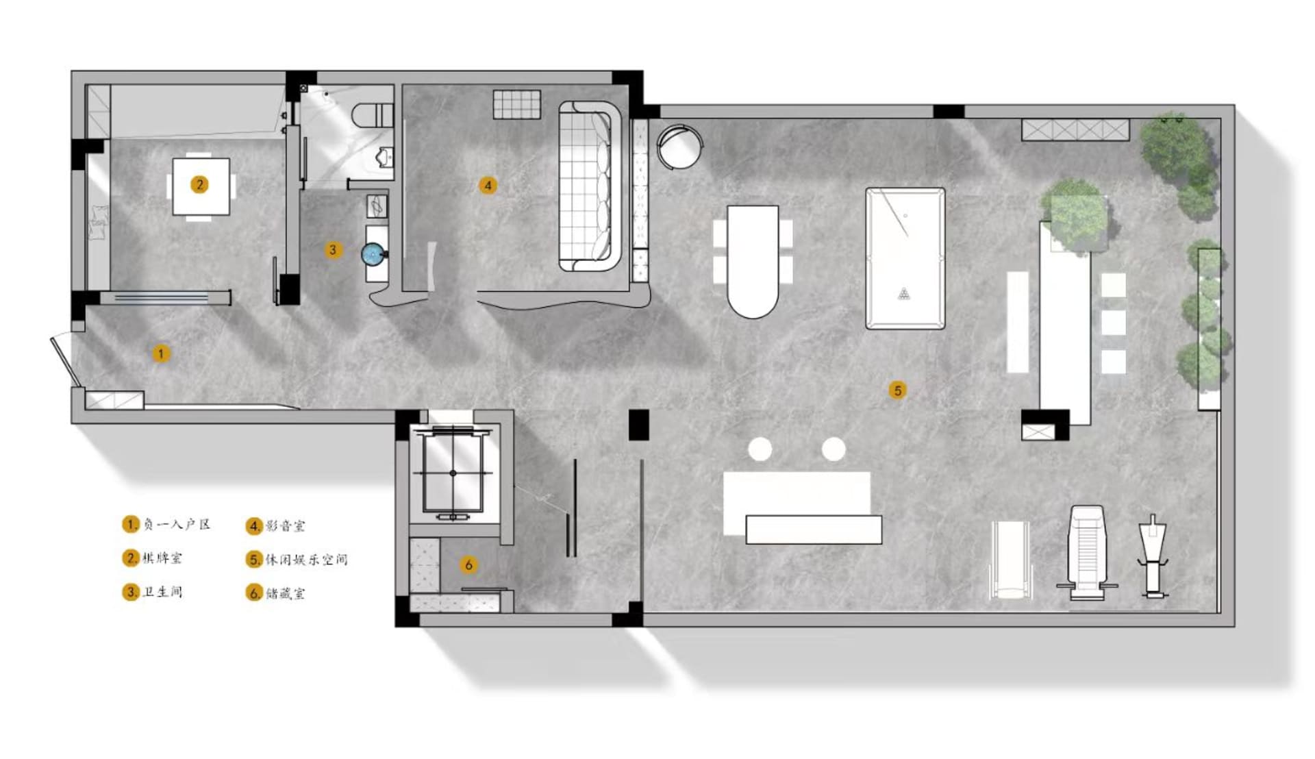 Floor plan of a modern residential space showcasing contemporary architecture elements.