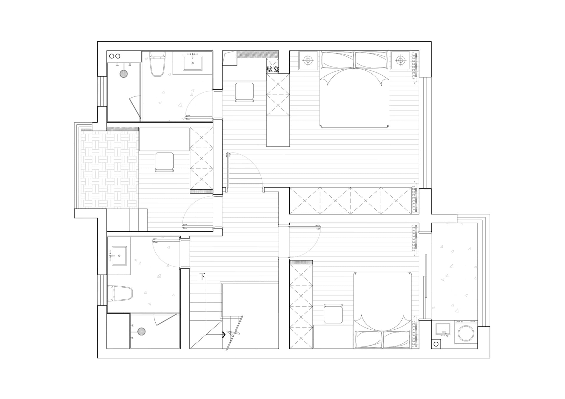 A detailed 2D architectural drawing of a modern apartment layout.