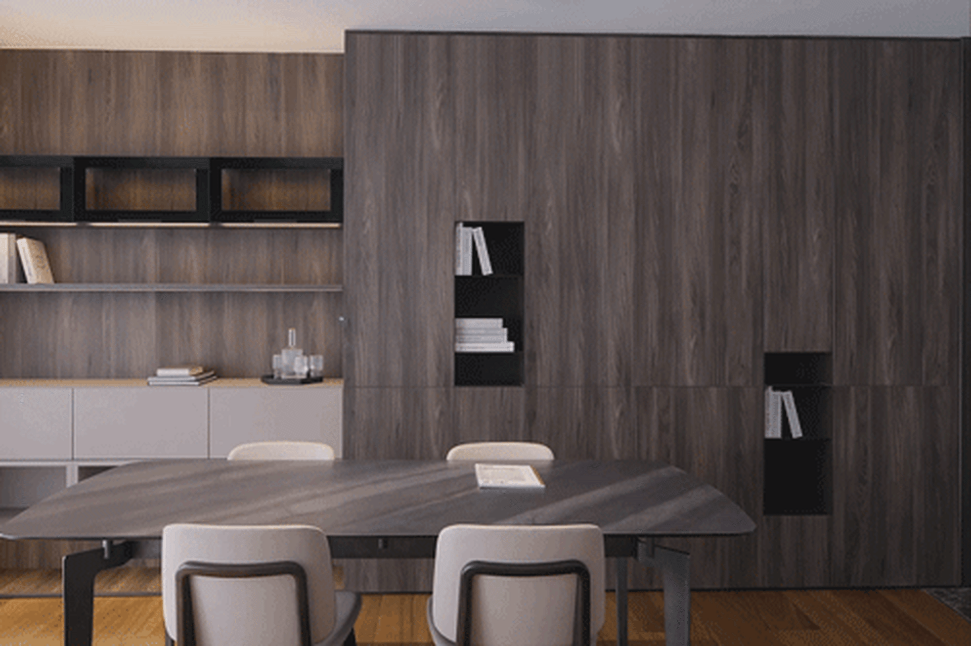 Modern conference room featuring wooden furniture and walls.