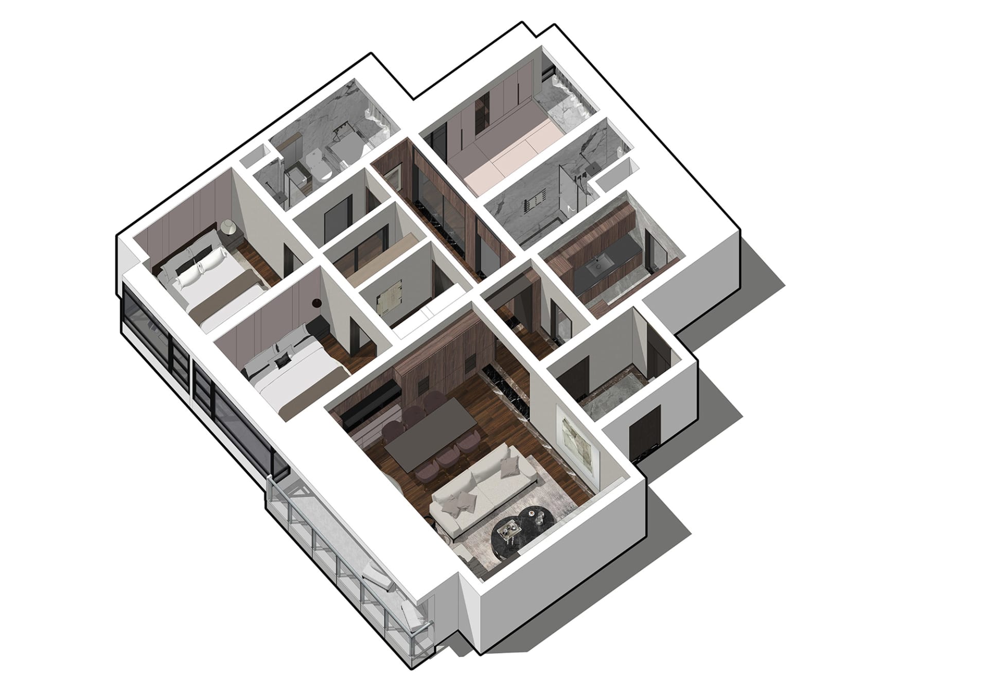 現代住宅地板平面圖的3D渲染,強調木質材料。