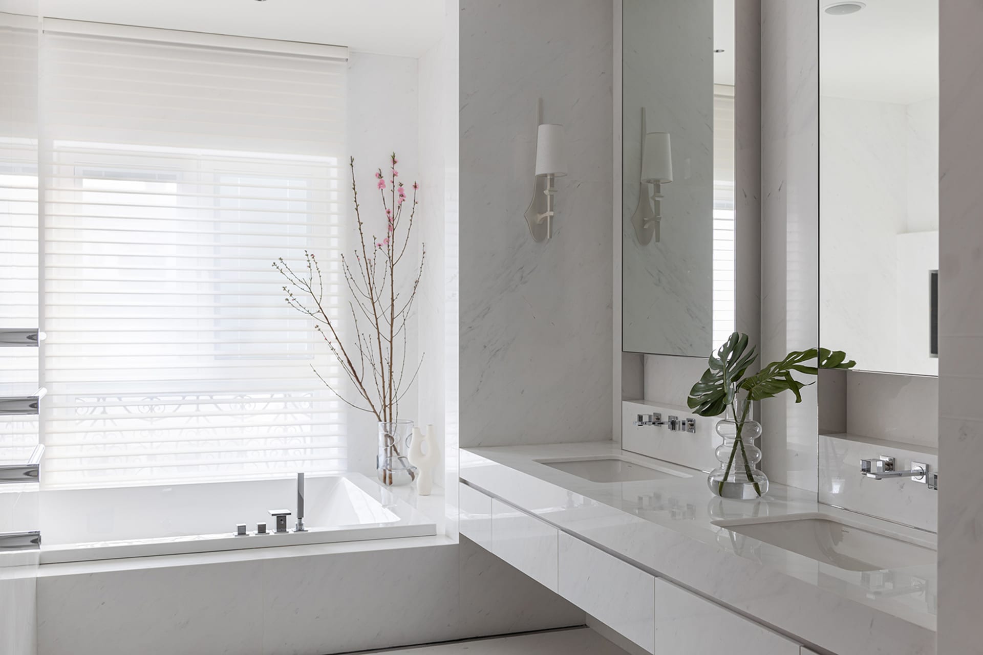 Modern white marble bathroom interior with minimalist design